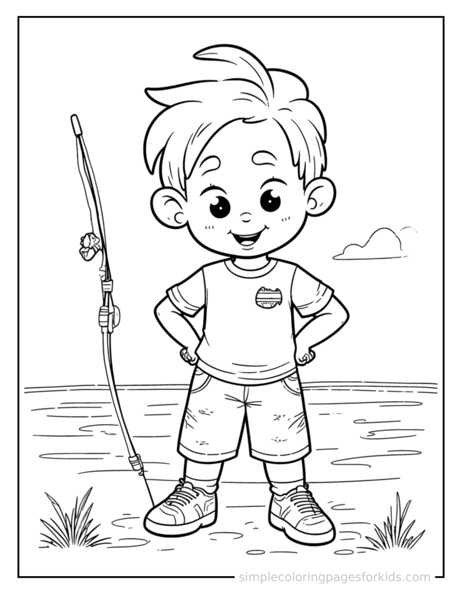 Proud Kid Fishing By A Lake Coloring Page