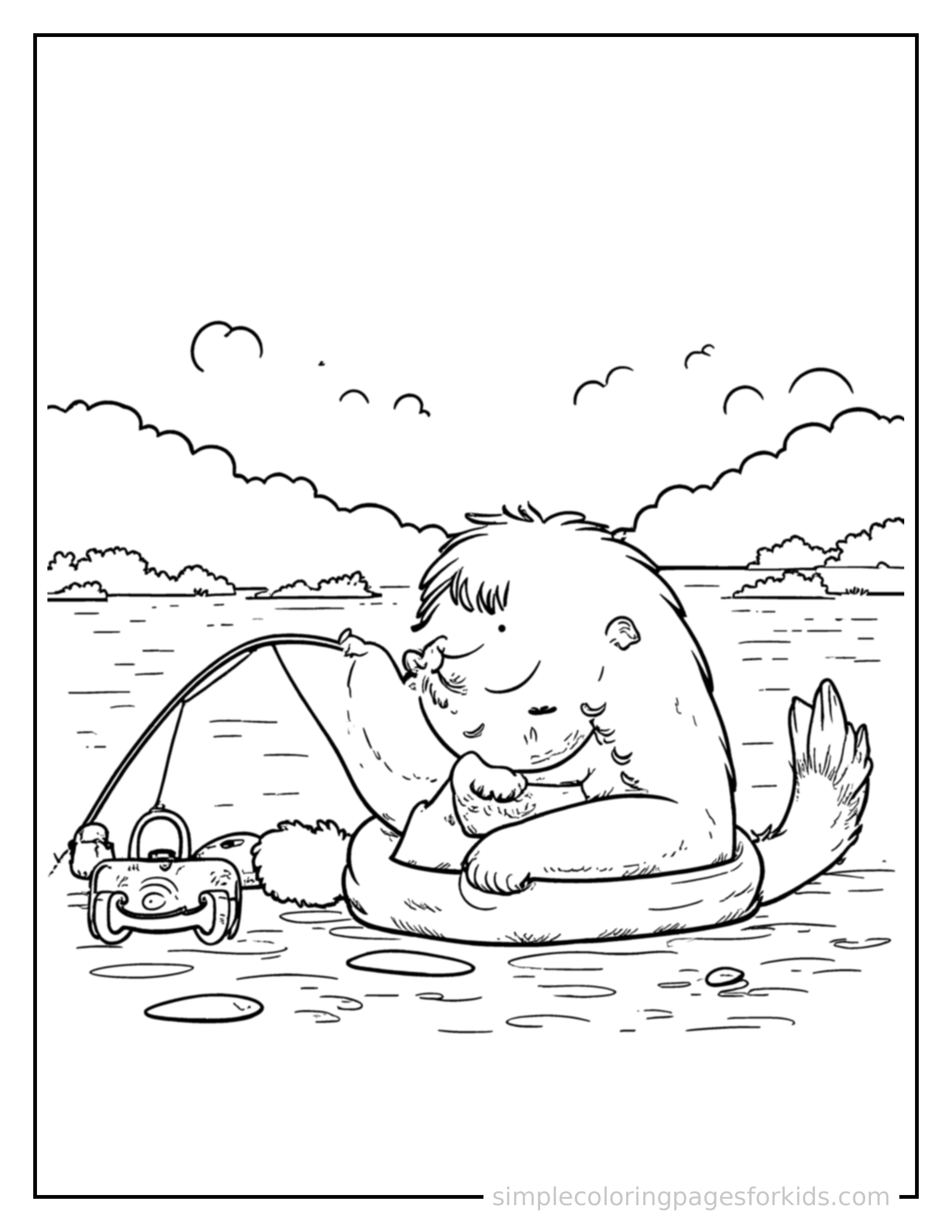 Free printable kid fishing by a lake coloring page featuring a cute kid fishing by a lake curled up fast asleep, peaceful smile, one eye scrunched shut, hands tucked under the chin.