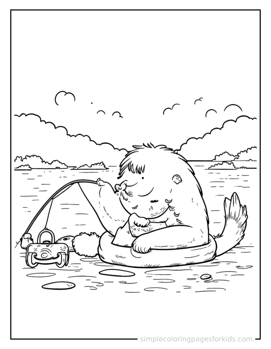 Sleepy Kid Fishing By A Lake Coloring Page
