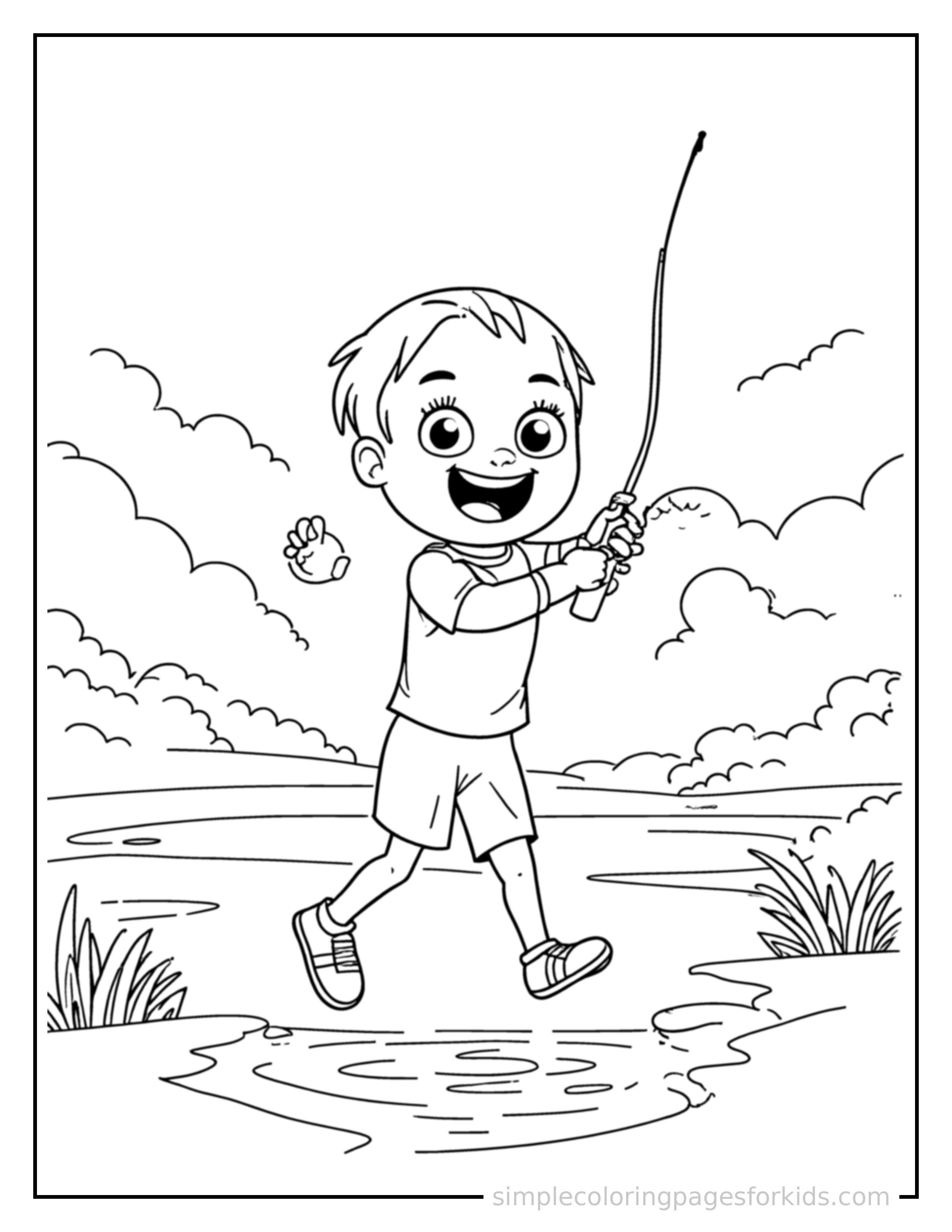 Free printable kid fishing by a lake coloring page featuring a cute kid fishing by a lake mid-jump with arms and legs stretched out playfully, mouth open with excitement.