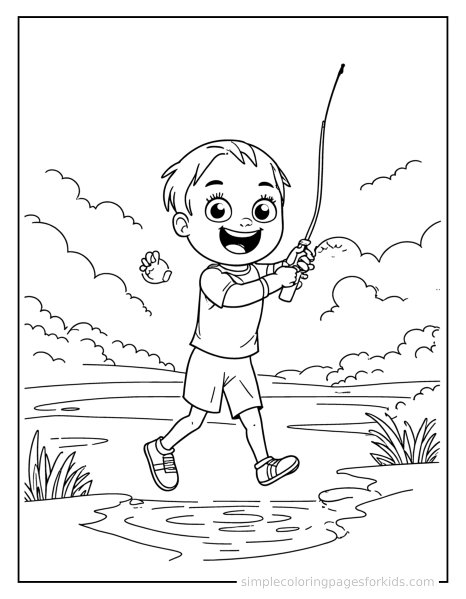 Jumping Kid Fishing By A Lake Coloring Page