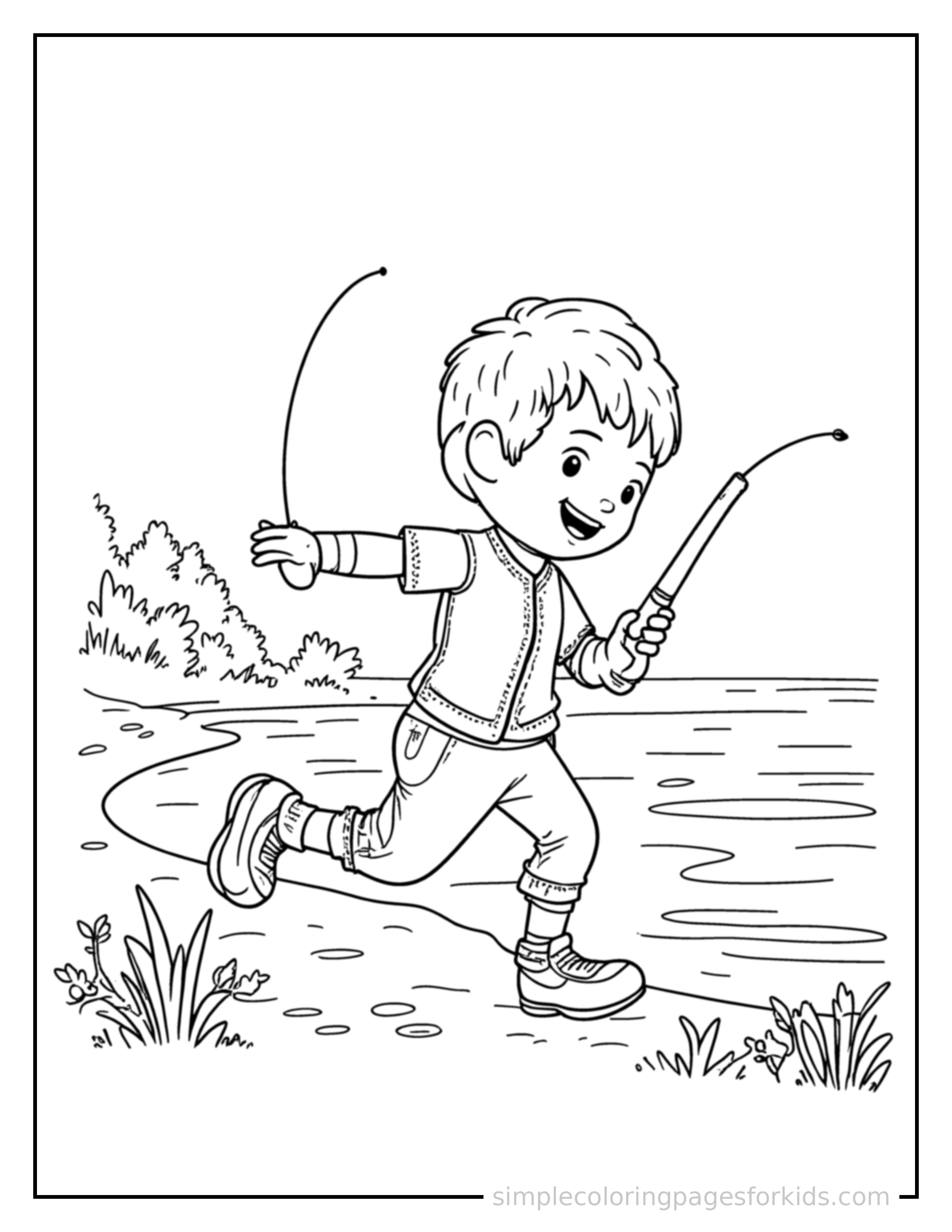 Free printable kid fishing by a lake coloring page featuring a cute kid fishing by a lake running forward at full speed, arms pumping, big happy grin.