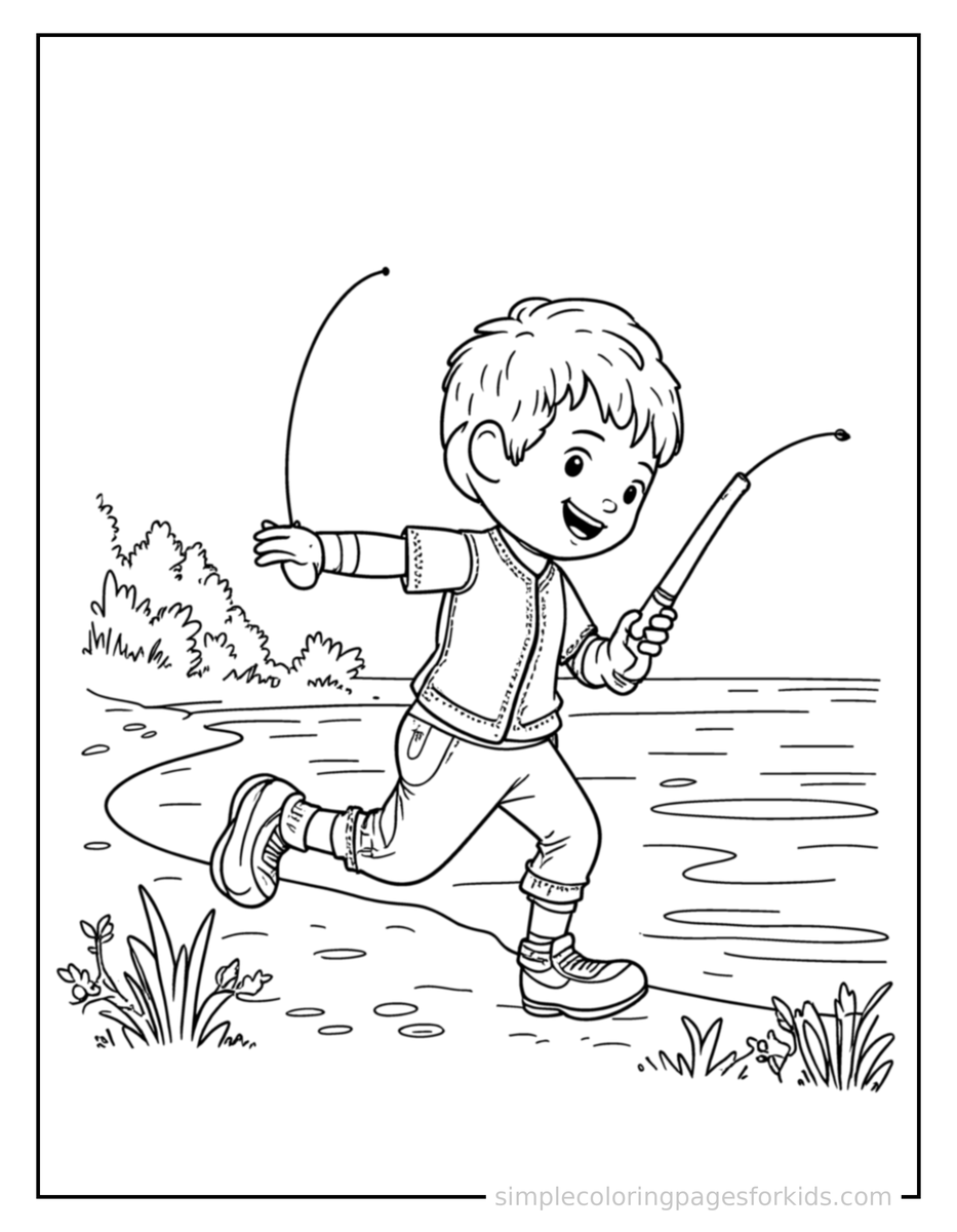 Running Kid Fishing By A Lake Coloring Page