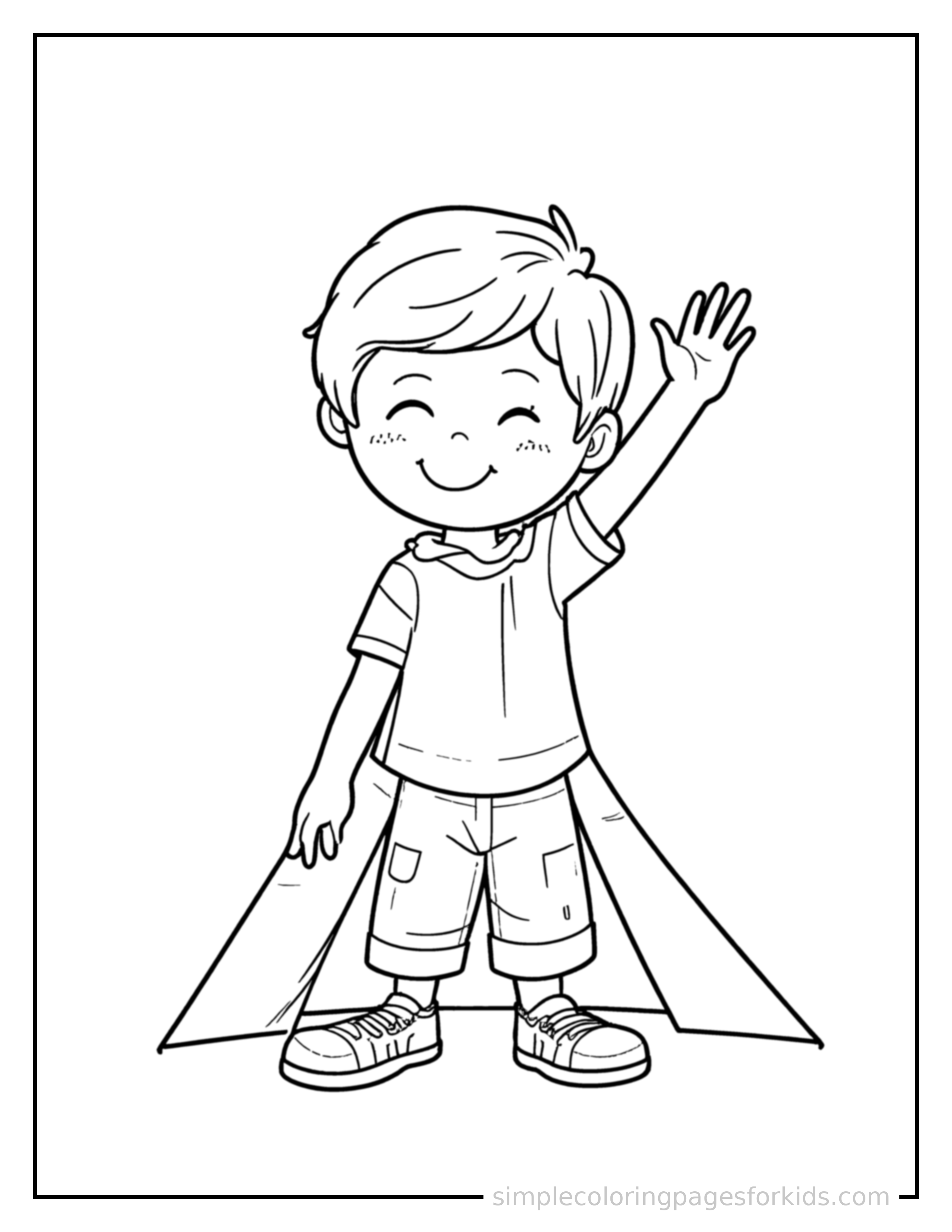 Free printable kid camping in front of a tent coloring page featuring a cute kid camping in front of a tent standing tall with a big cheerful grin, one hand raised in a wave, head tilted slightly.