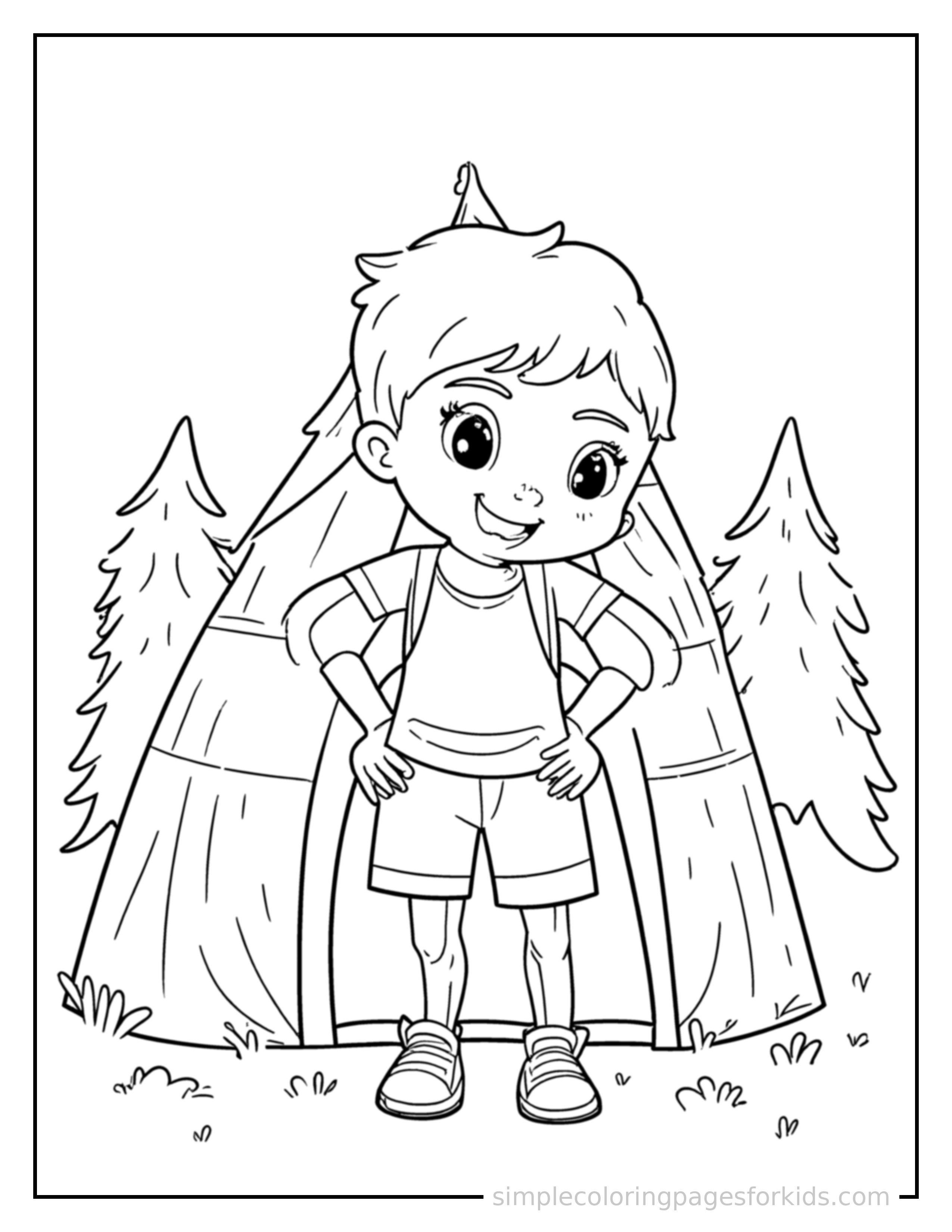 Free printable kid camping in front of a tent coloring page featuring a cute kid camping in front of a tent standing proudly with hands on hips, chest out, big sparkling happy eyes and open smile.