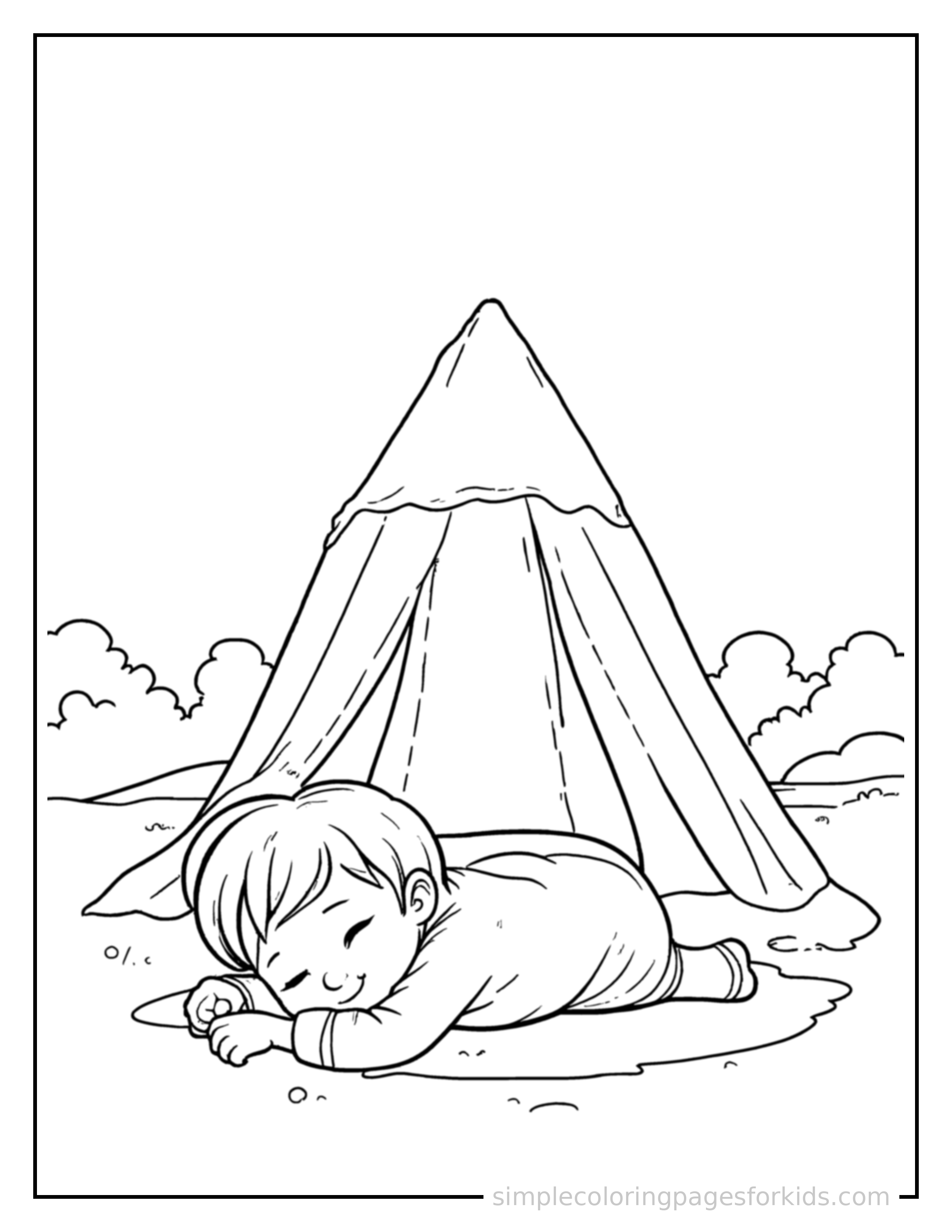 Free printable kid camping in front of a tent coloring page featuring a cute kid camping in front of a tent curled up fast asleep, peaceful smile, one eye scrunched shut, hands tucked under the chin.