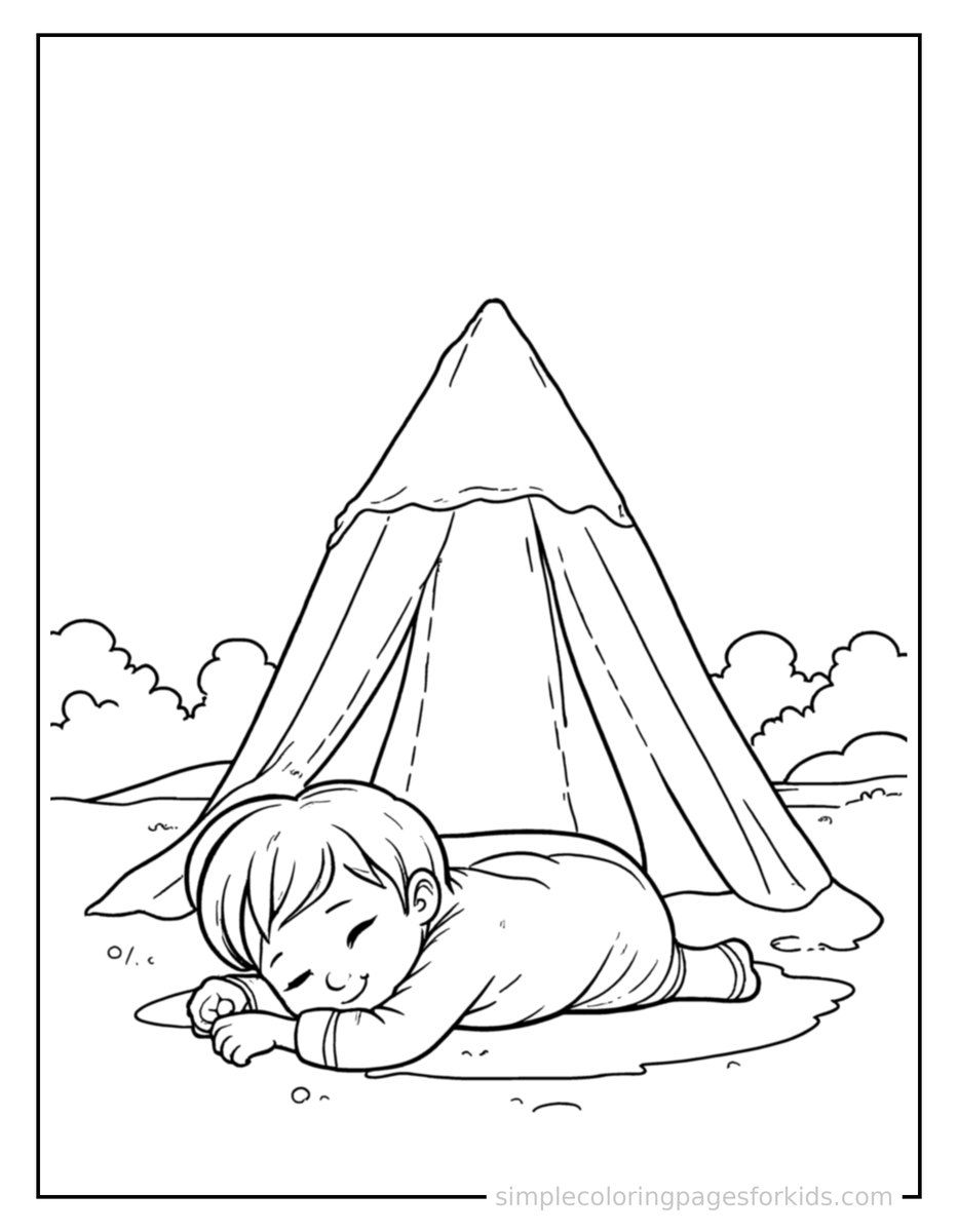 Sleepy Kid Camping In Front Of A Tent Coloring Page