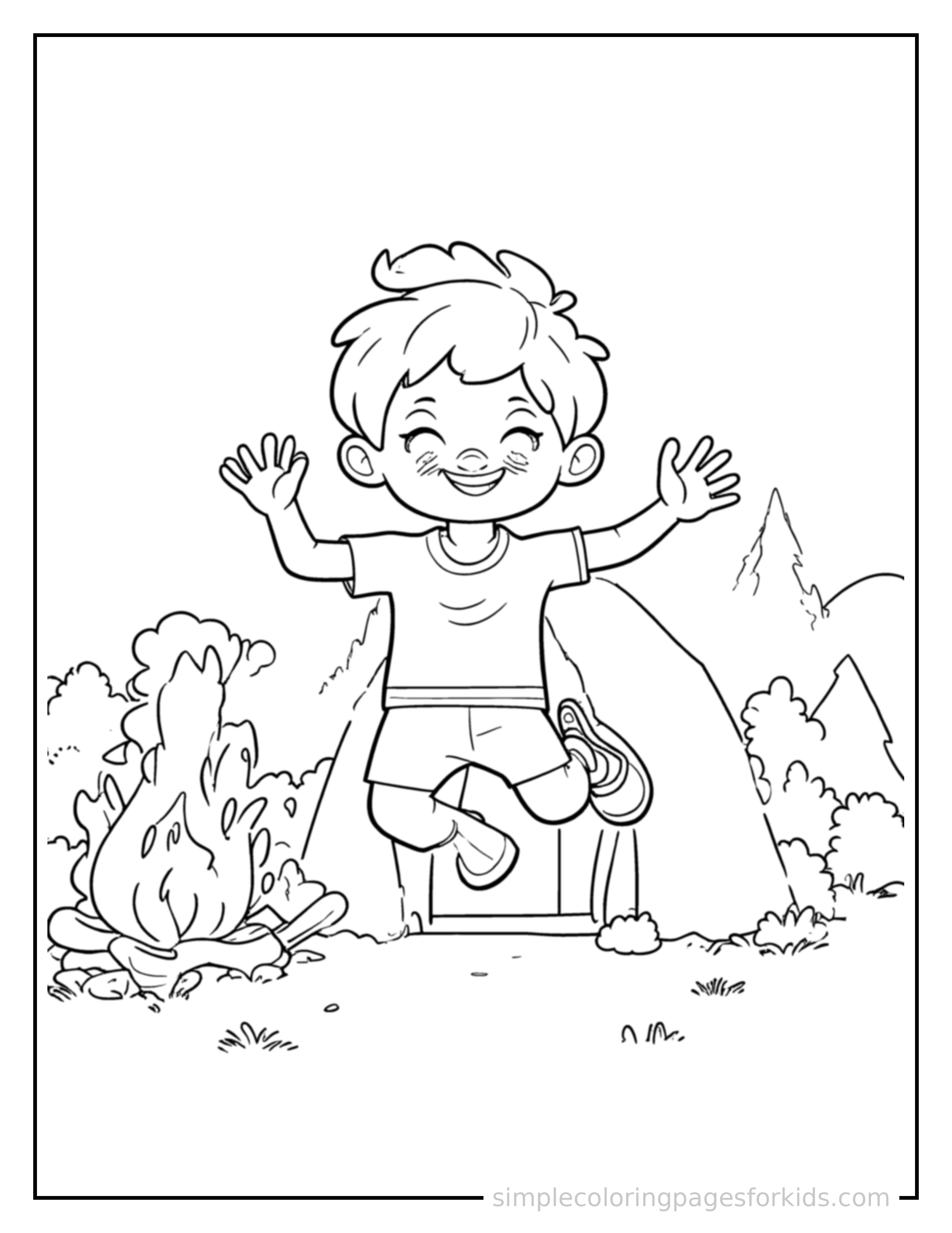 Free printable kid camping in front of a tent coloring page featuring a cute kid camping in front of a tent mid-jump with arms and legs stretched out playfully, mouth open with excitement.