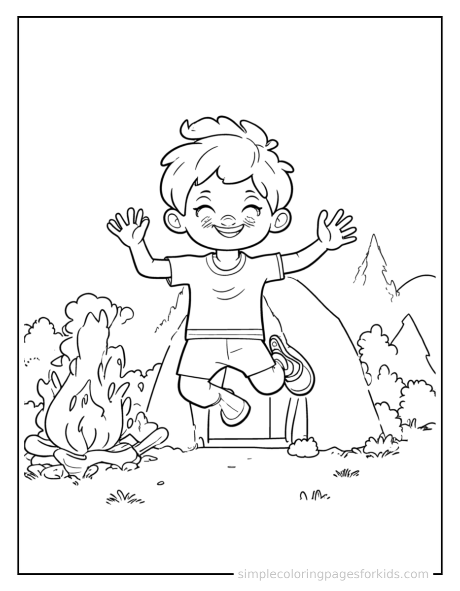Jumping Kid Camping In Front Of A Tent Coloring Page