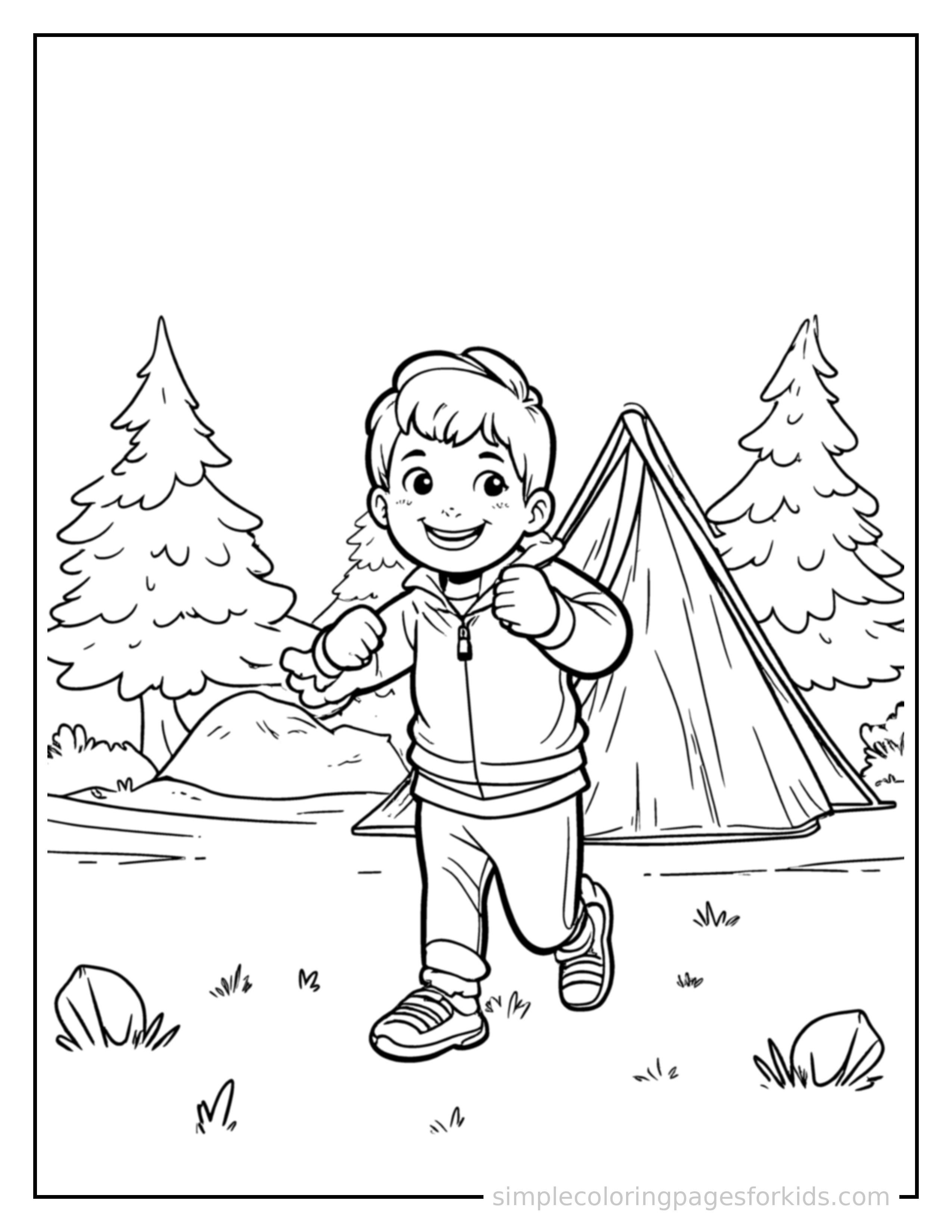 Free printable kid camping in front of a tent coloring page featuring a cute kid camping in front of a tent running forward at full speed, arms pumping, big happy grin.
