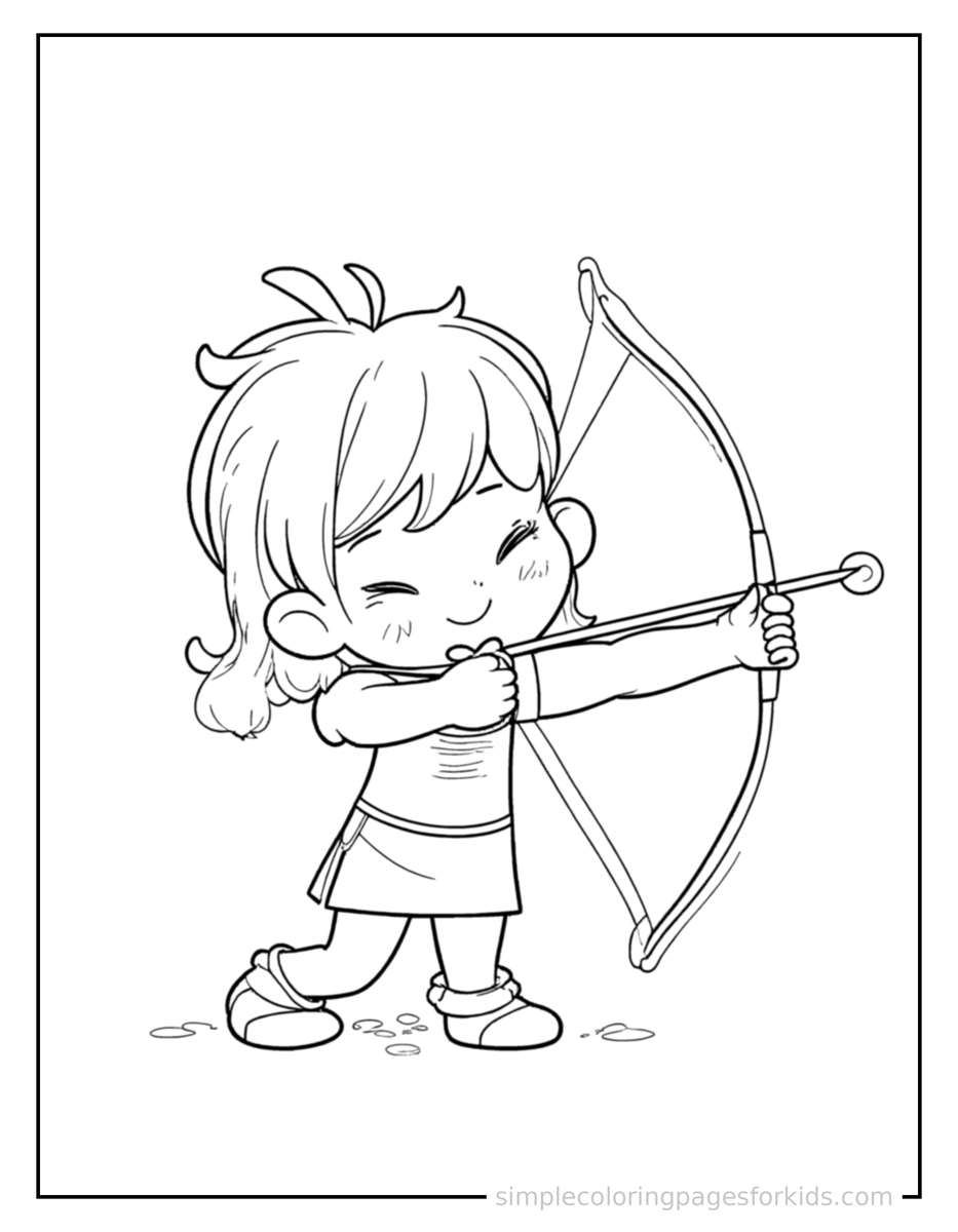 Sleepy Kid Practicing Archery With A Bow Coloring Page