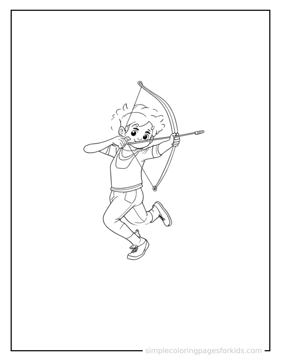 Jumping Kid Practicing Archery With A Bow Coloring Page
