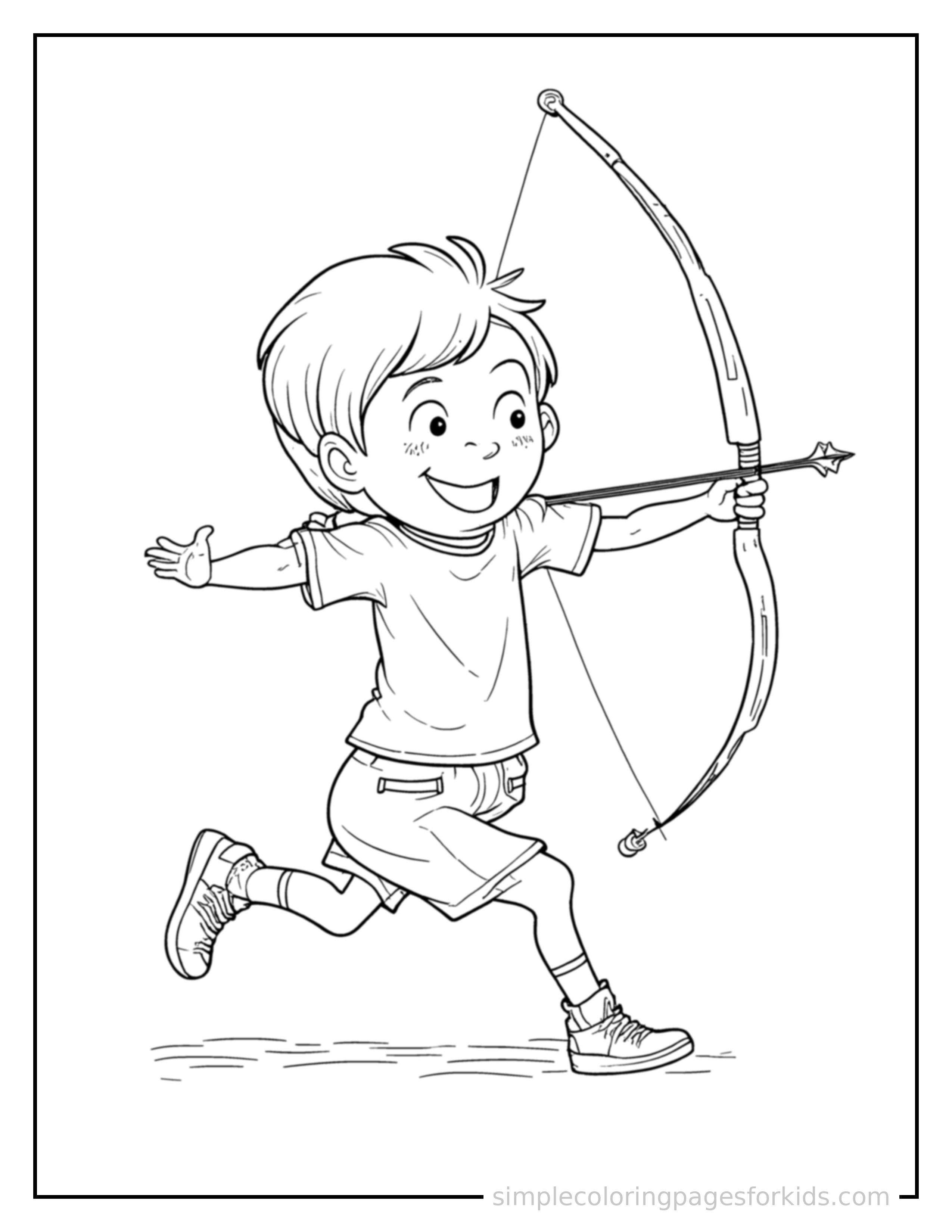 Free printable kid practicing archery with a bow coloring page featuring a cute kid practicing archery with a bow running forward at full speed, arms pumping, big happy grin.
