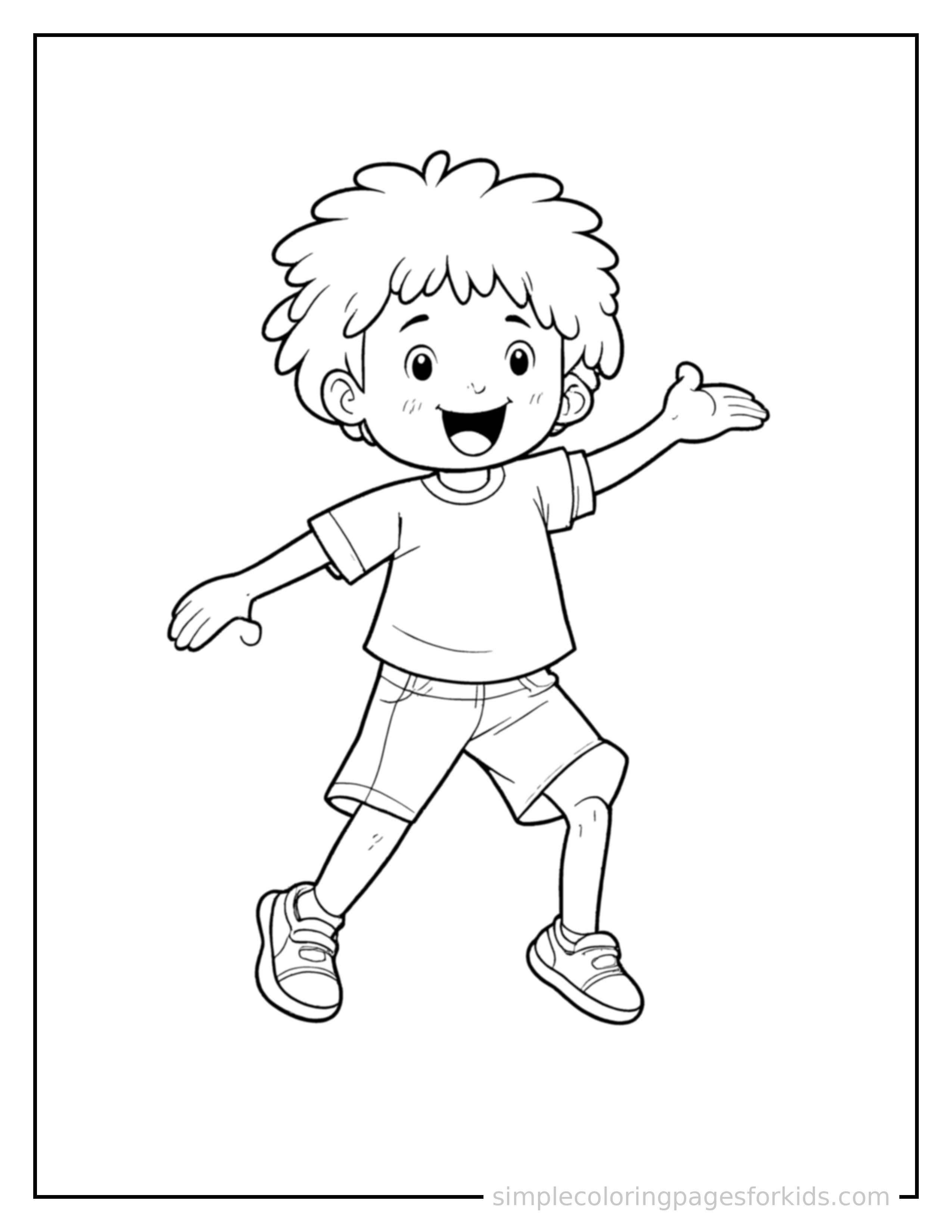 Free printable kid bowling coloring page featuring a cute kid bowling mid-jump with arms and legs stretched out playfully, mouth open with excitement.