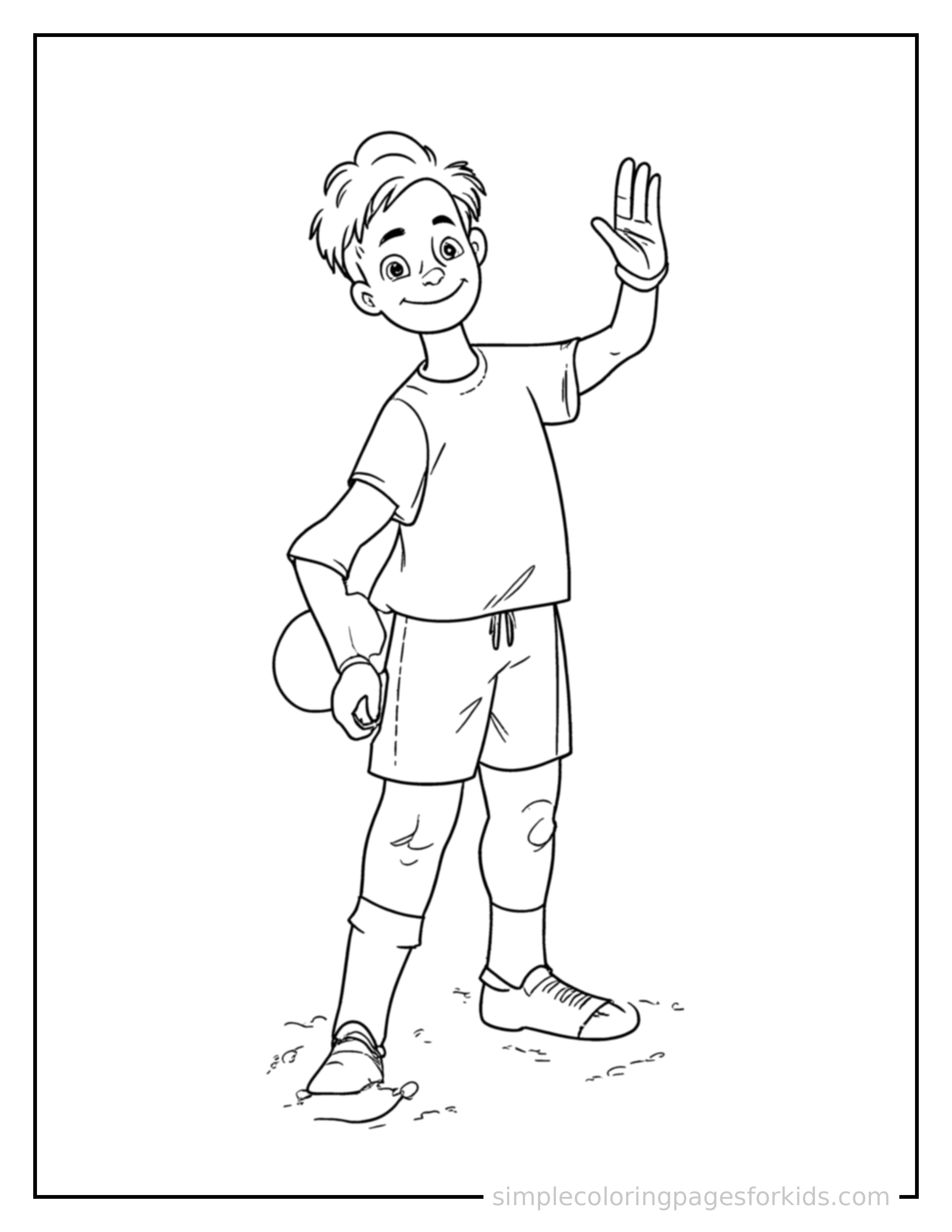 Free printable kid playing table tennis coloring page featuring a cute kid playing table tennis standing tall with a big cheerful grin, one hand raised in a wave, head tilted slightly.