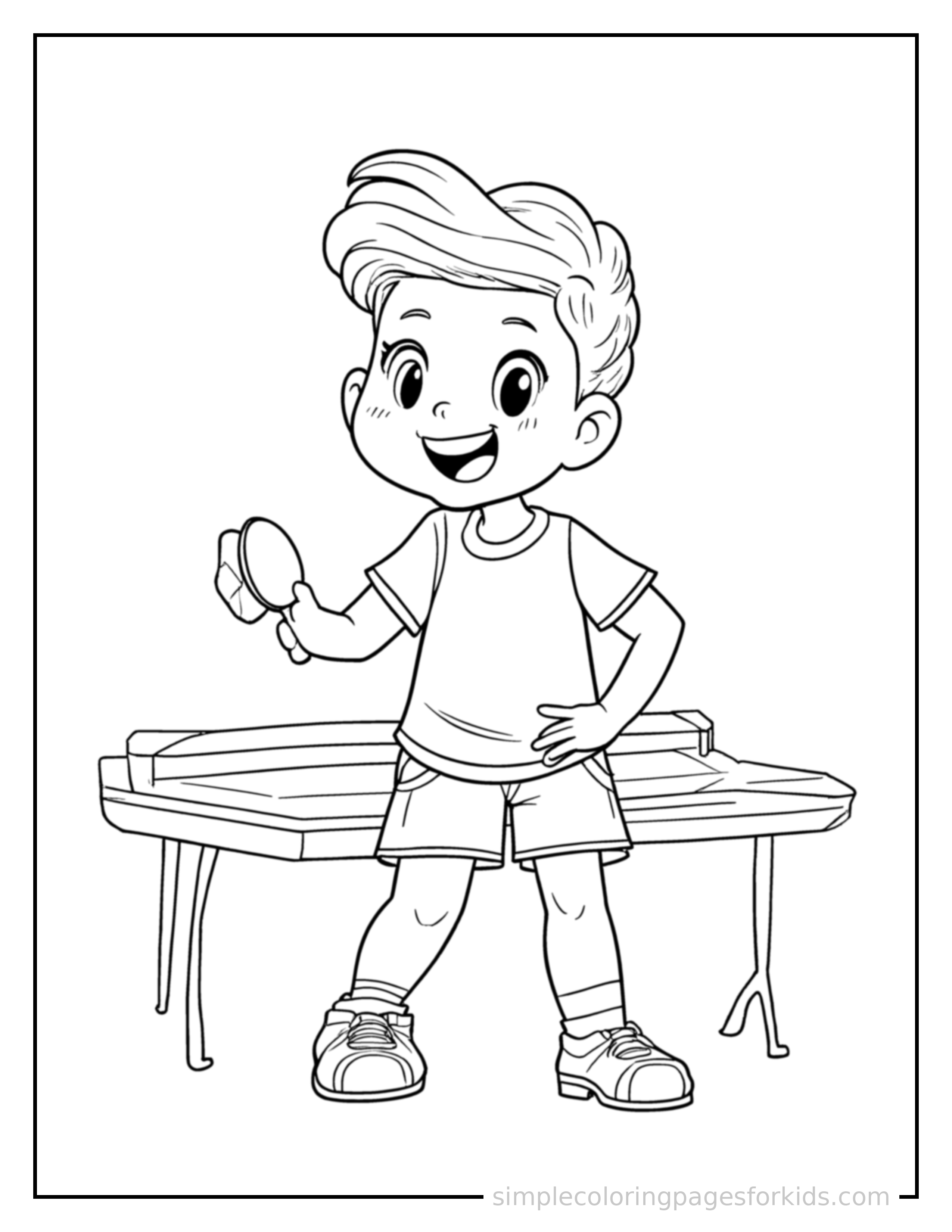 Free printable kid playing table tennis coloring page featuring a cute kid playing table tennis standing proudly with hands on hips, chest out, big sparkling happy eyes and open smile.