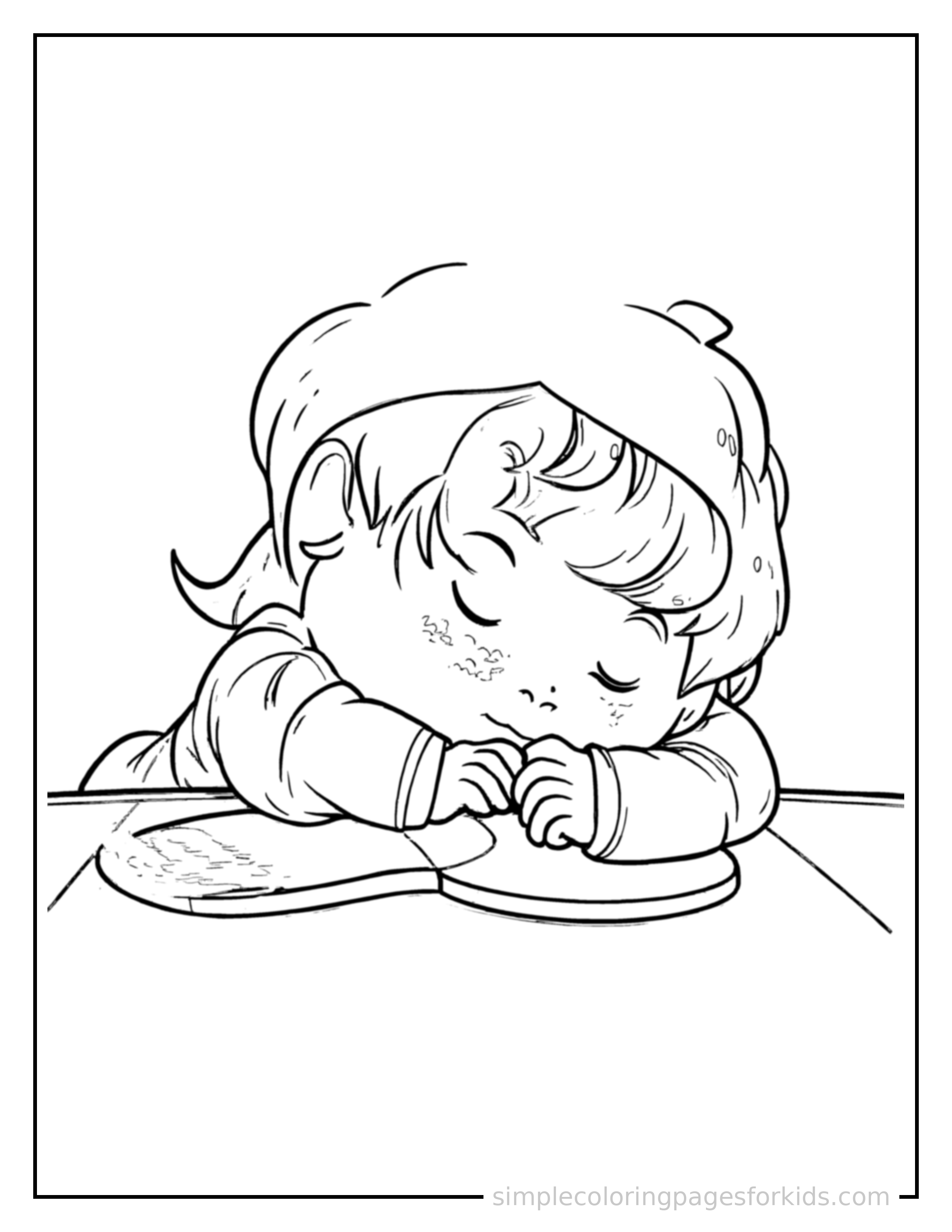 Free printable kid playing table tennis coloring page featuring a cute kid playing table tennis curled up fast asleep, peaceful smile, one eye scrunched shut, hands tucked under the chin.