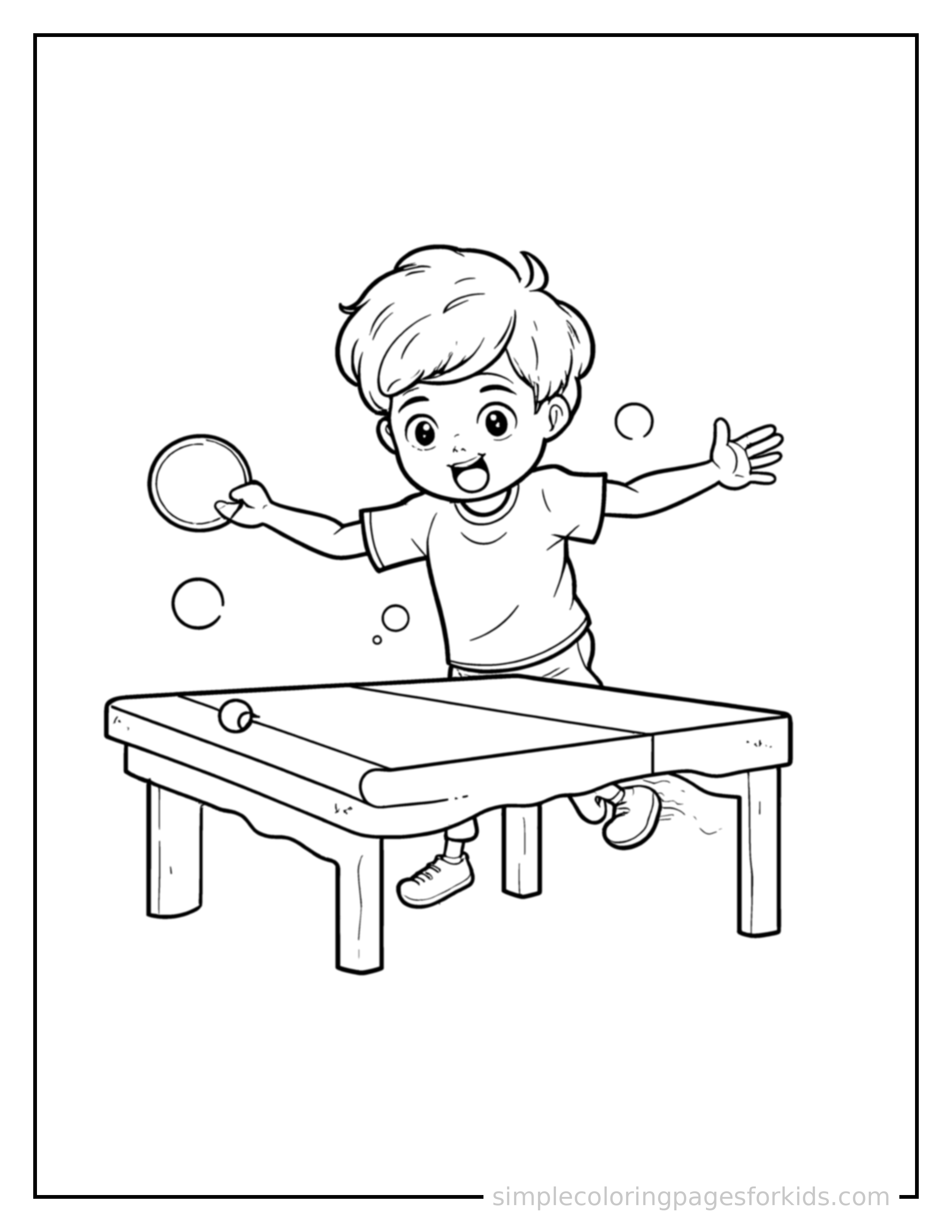 Free printable kid playing table tennis coloring page featuring a cute kid playing table tennis mid-jump with arms and legs stretched out playfully, mouth open with excitement.