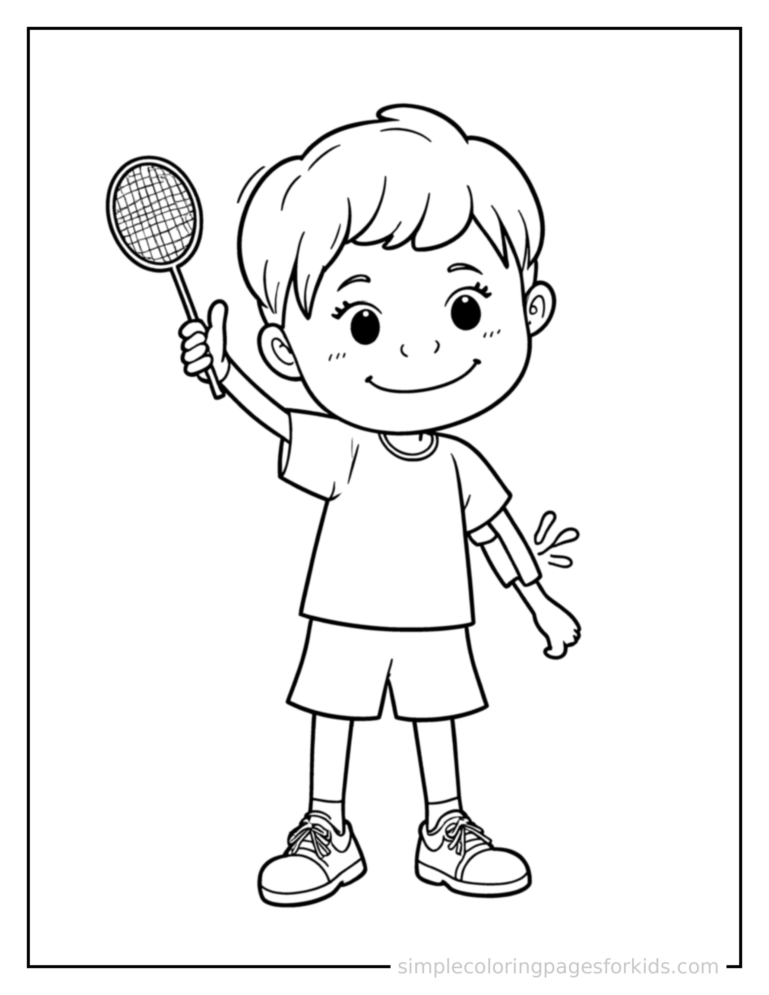 Free printable kid playing badminton coloring page featuring a cute kid playing badminton standing tall with a big cheerful grin, one hand raised in a wave, head tilted slightly.
