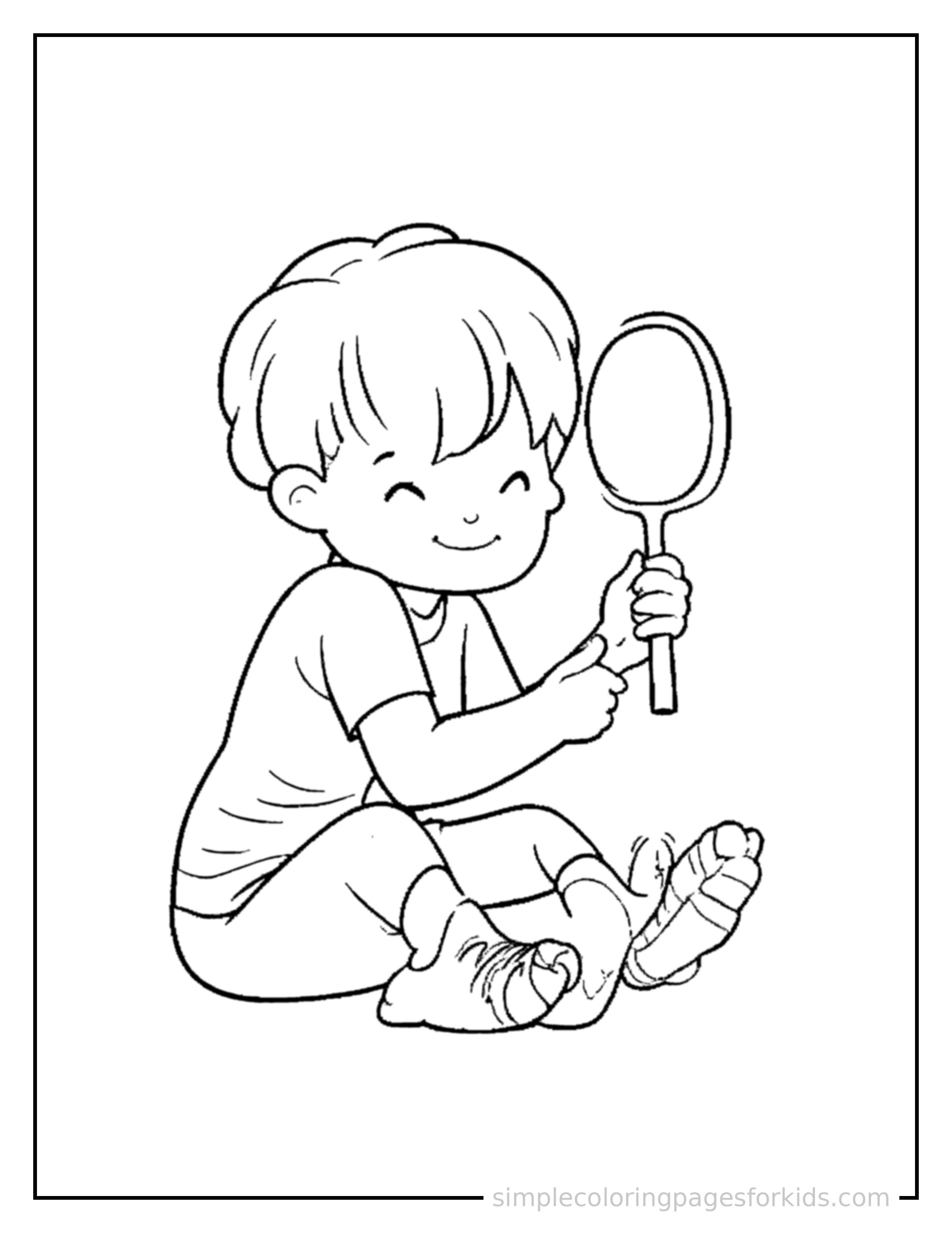 Free printable kid playing badminton coloring page featuring a cute kid playing badminton curled up fast asleep, peaceful smile, one eye scrunched shut, hands tucked under the chin.