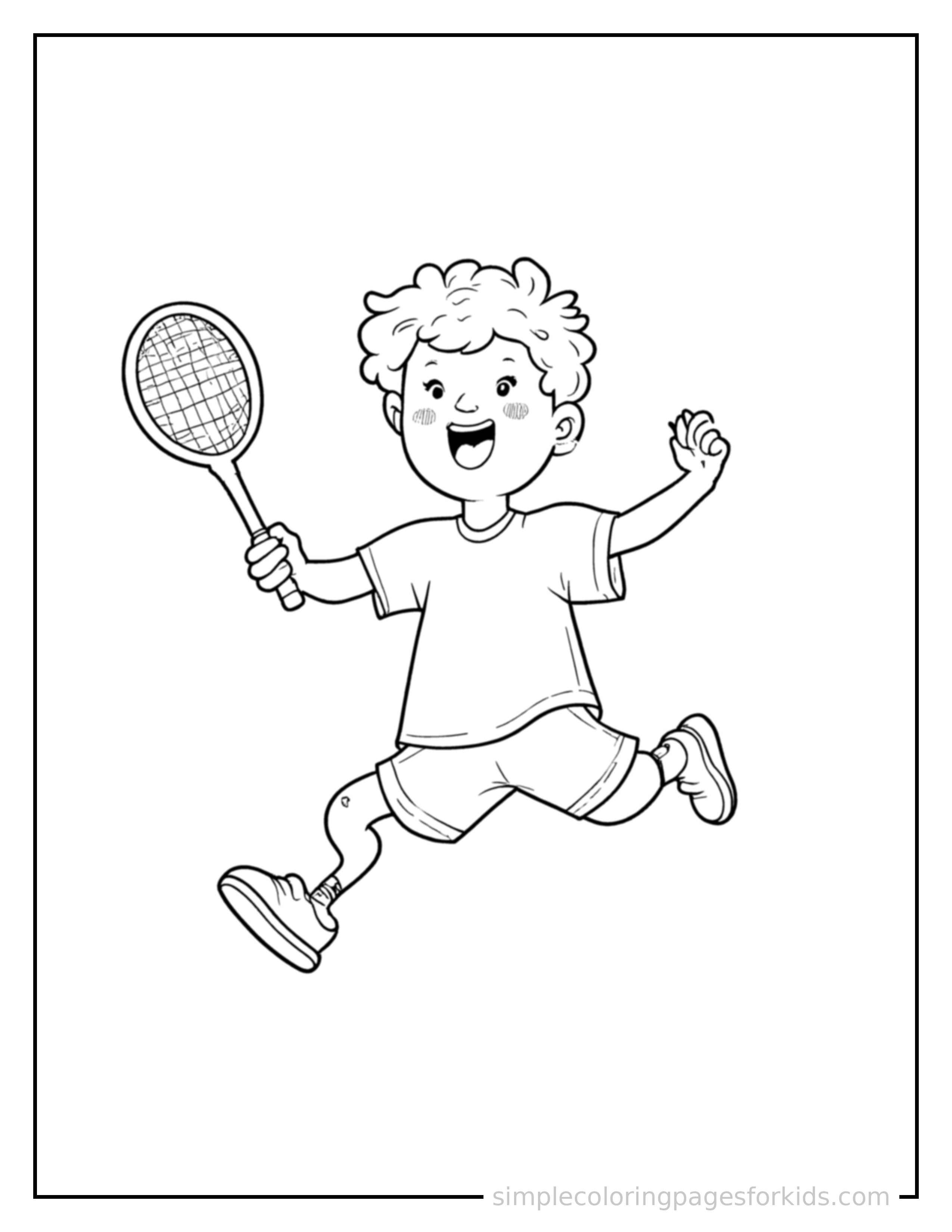 Free printable kid playing badminton coloring page featuring a cute kid playing badminton mid-jump with arms and legs stretched out playfully, mouth open with excitement.