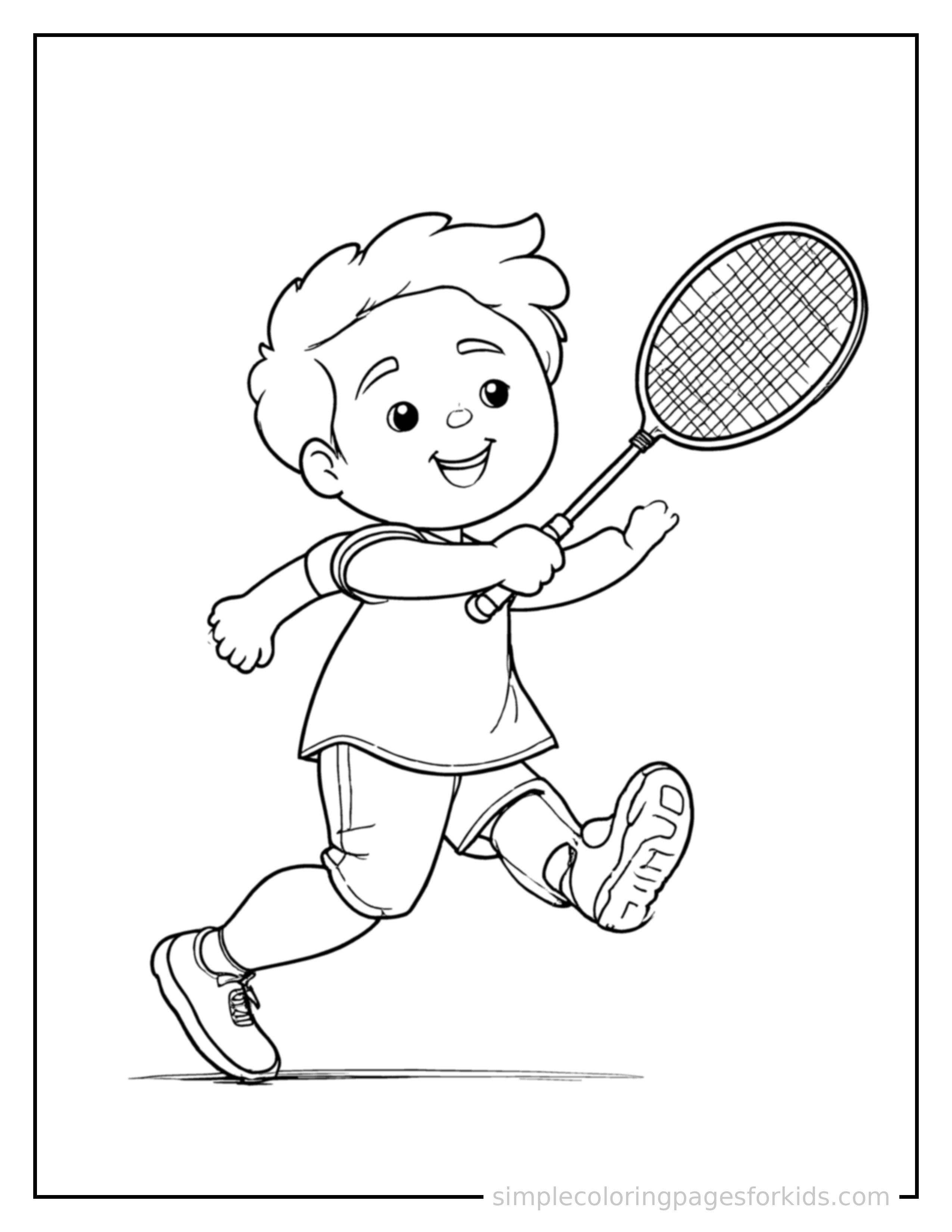 Free printable kid playing badminton coloring page featuring a cute kid playing badminton running forward at full speed, arms pumping, big happy grin.