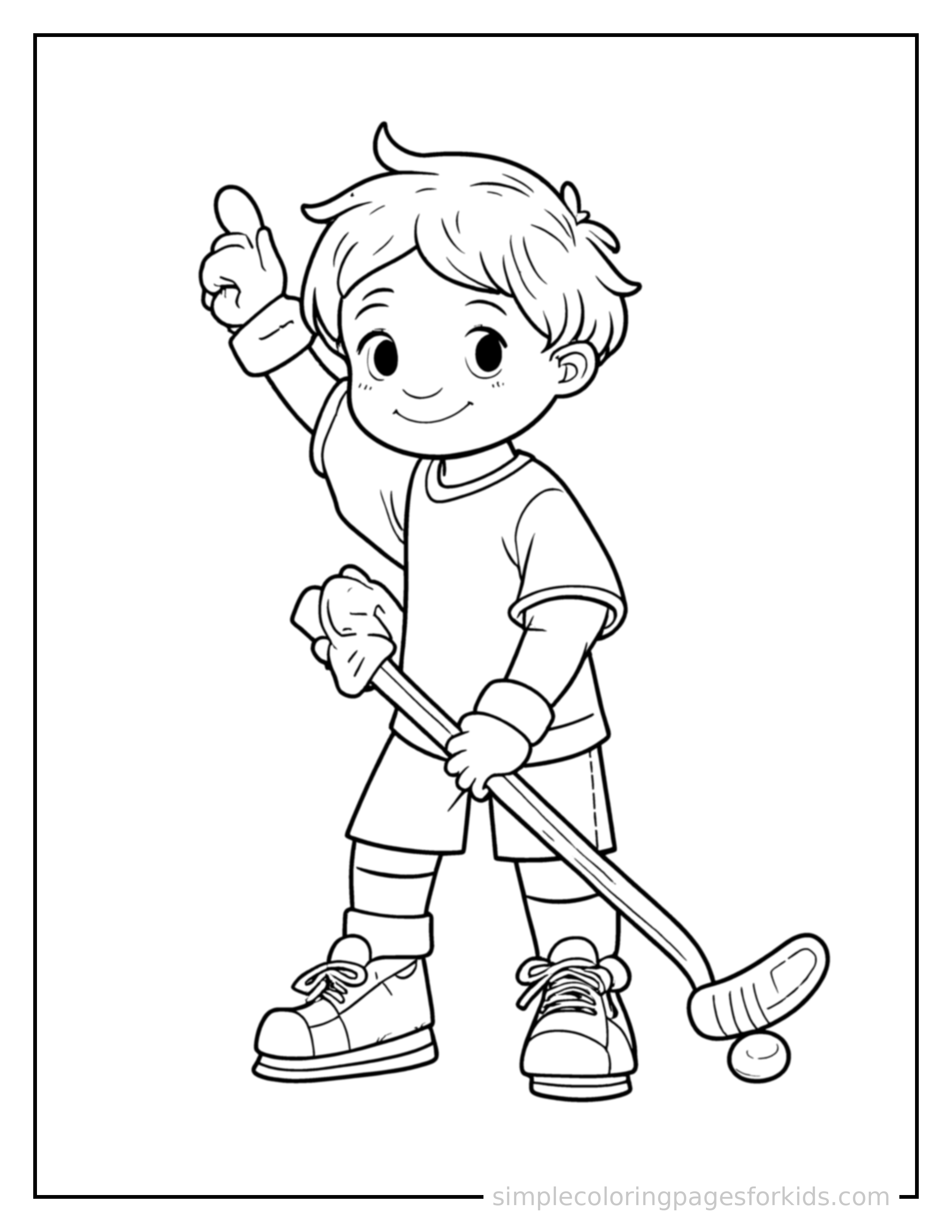 Free printable kid playing hockey with a stick coloring page featuring a cute kid playing hockey with a stick standing tall with a big cheerful grin, one hand raised in a wave, head tilted slightly.