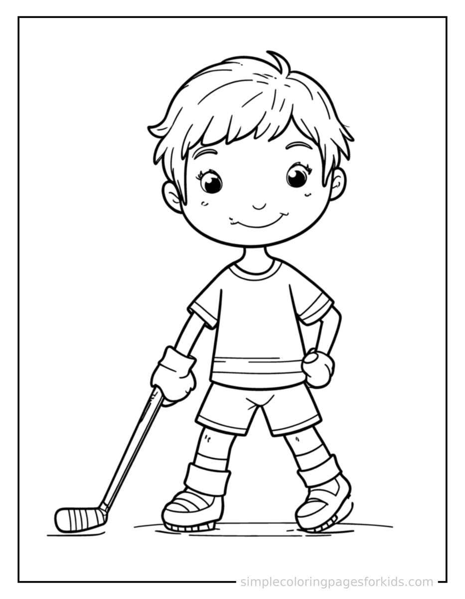 Proud Kid Playing Hockey With A Stick Coloring Page