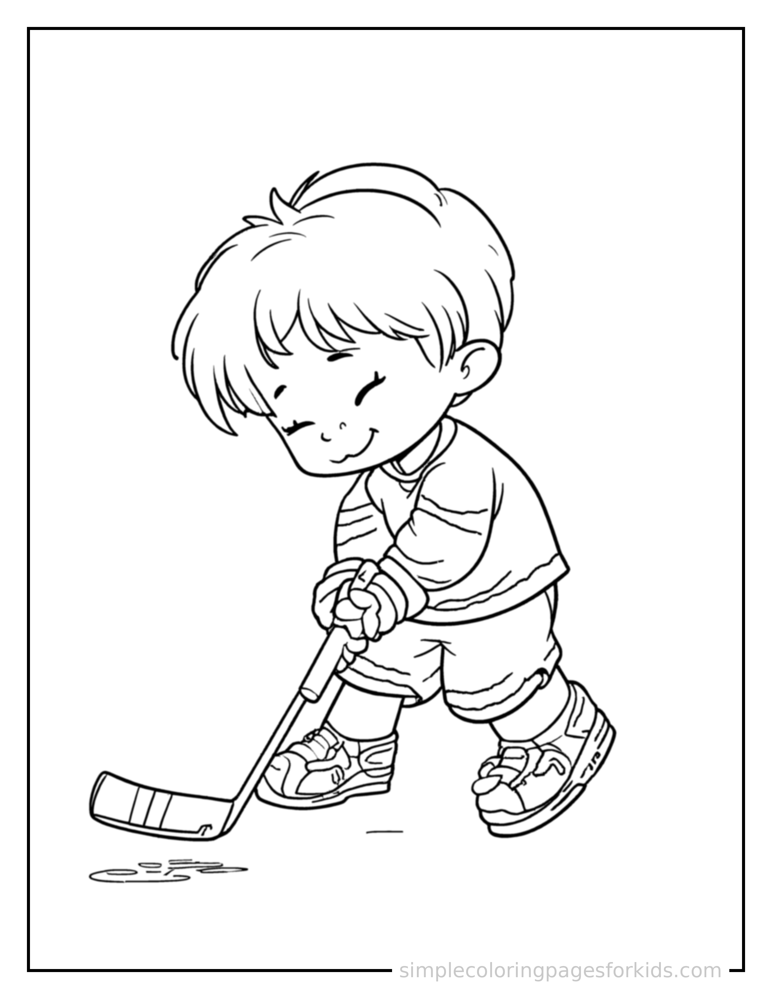 Free printable kid playing hockey with a stick coloring page featuring a cute kid playing hockey with a stick curled up fast asleep, peaceful smile, one eye scrunched shut, hands tucked under the chin.