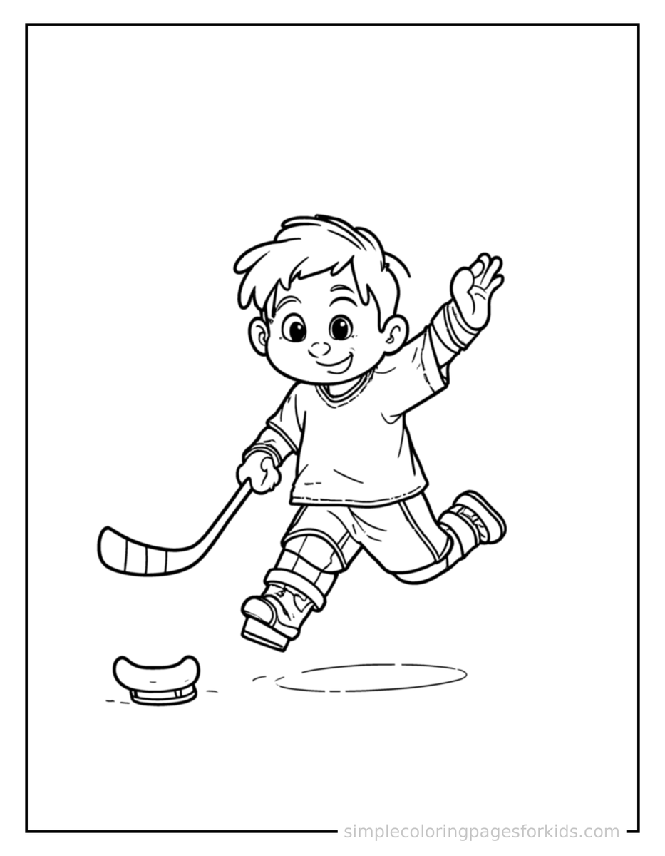 Jumping Kid Playing Hockey With A Stick Coloring Page