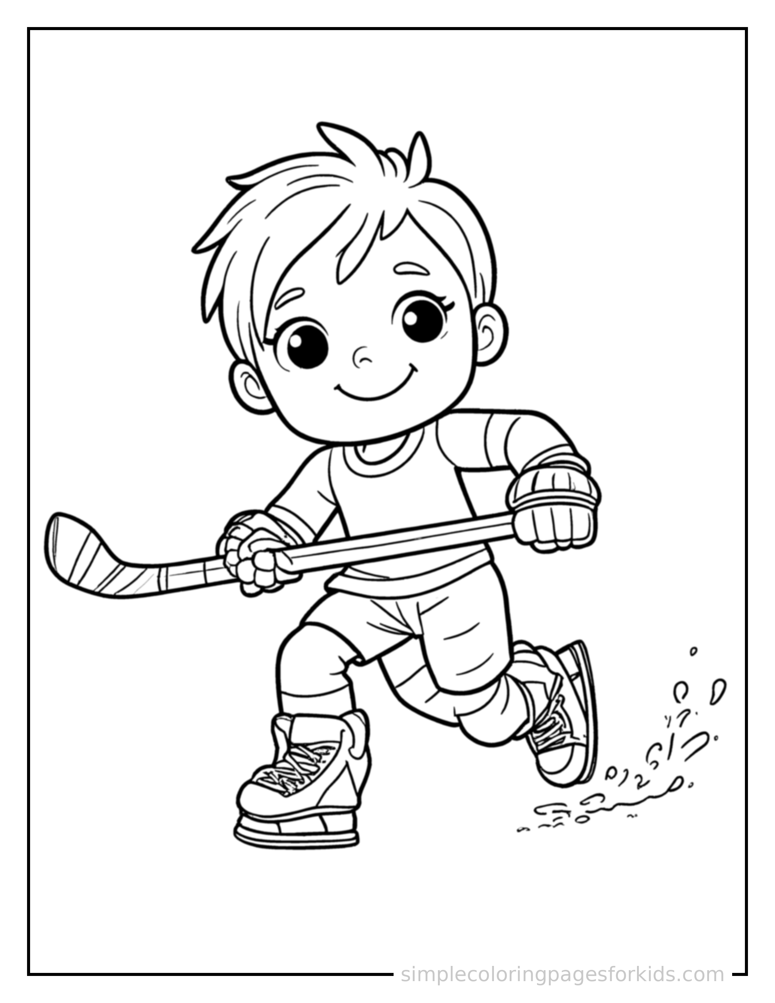 Free printable kid playing hockey with a stick coloring page featuring a cute kid playing hockey with a stick running forward at full speed, arms pumping, big happy grin.