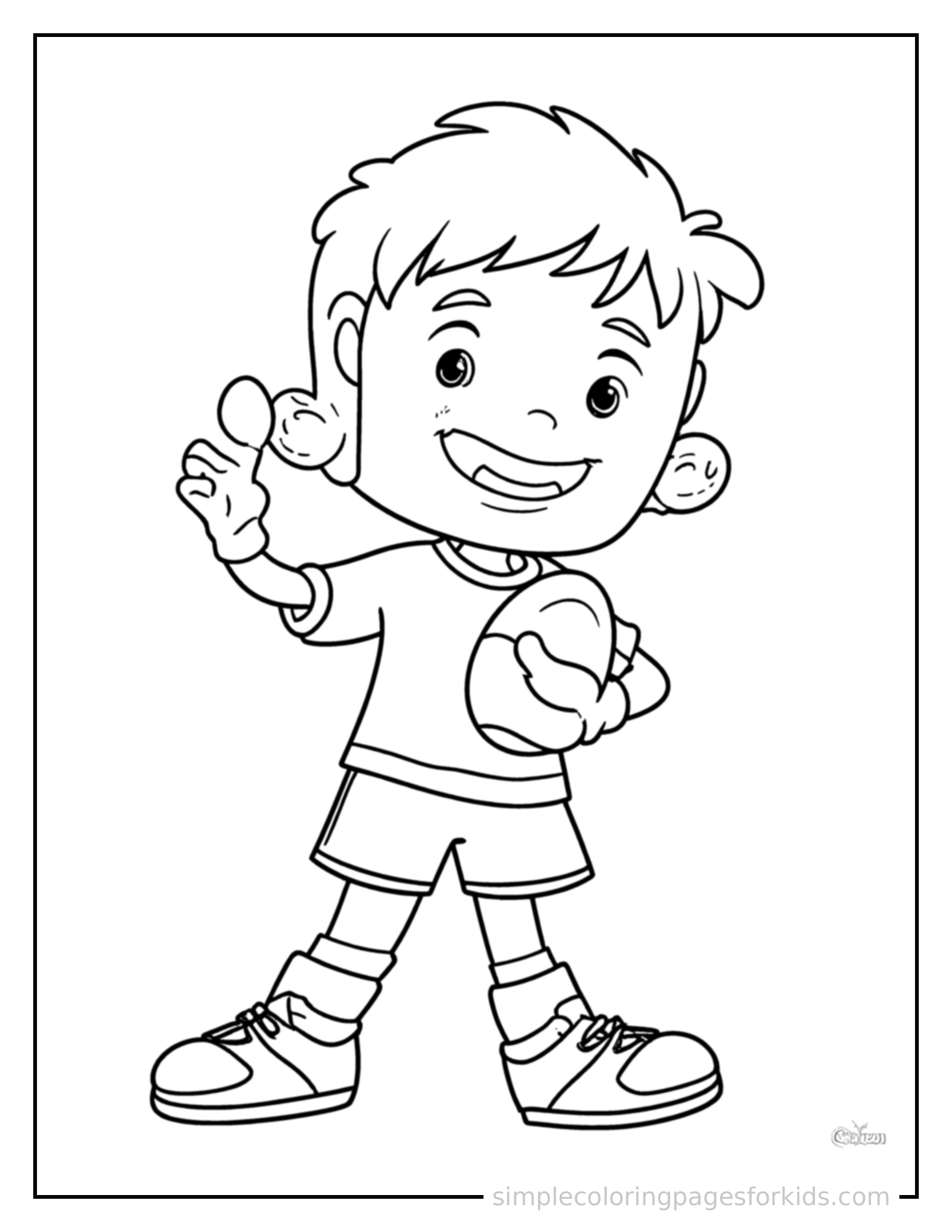 Free printable kid playing rugby coloring page featuring a cute kid playing rugby standing tall with a big cheerful grin, one hand raised in a wave, head tilted slightly.