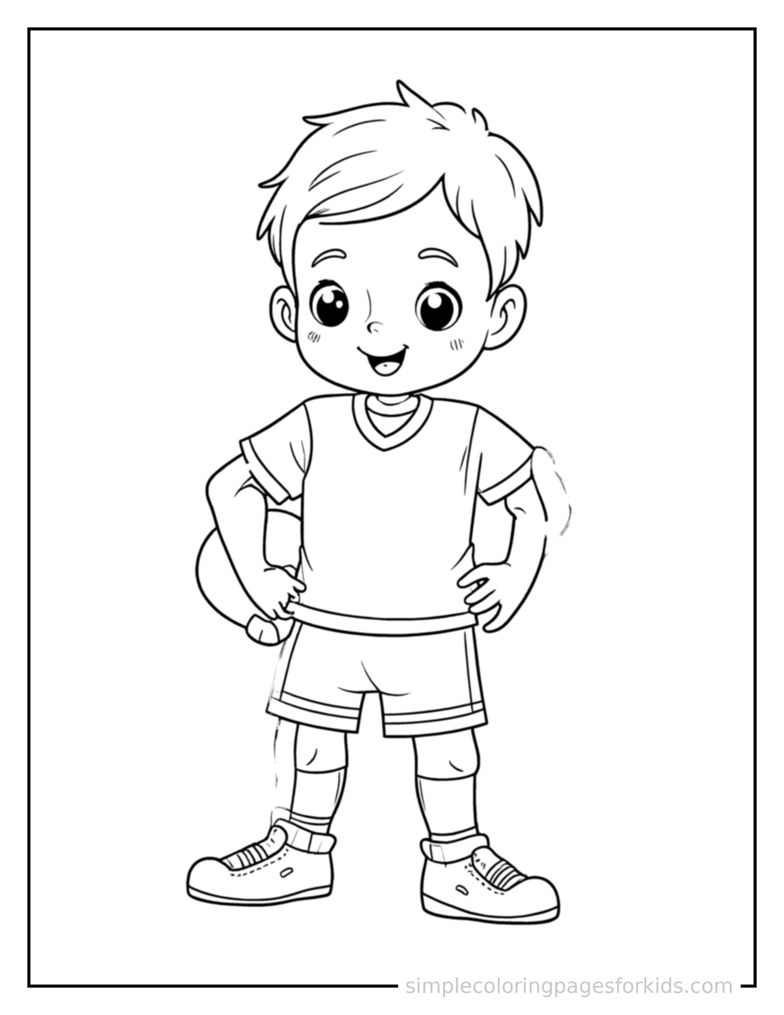 Free printable kid playing rugby coloring page featuring a cute kid playing rugby standing proudly with hands on hips, chest out, big sparkling happy eyes and open smile.