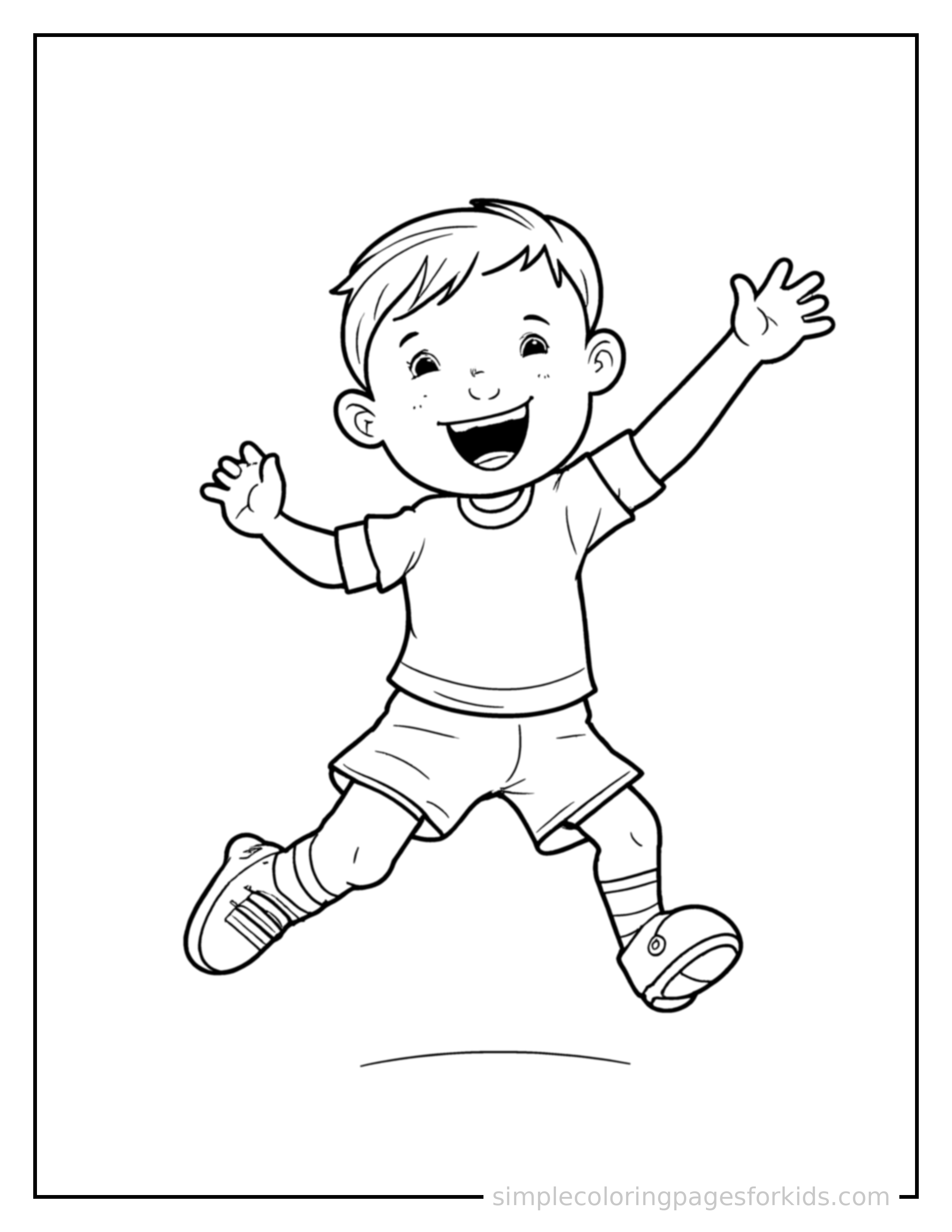 Free printable kid playing rugby coloring page featuring a cute kid playing rugby mid-jump with arms and legs stretched out playfully, mouth open with excitement.