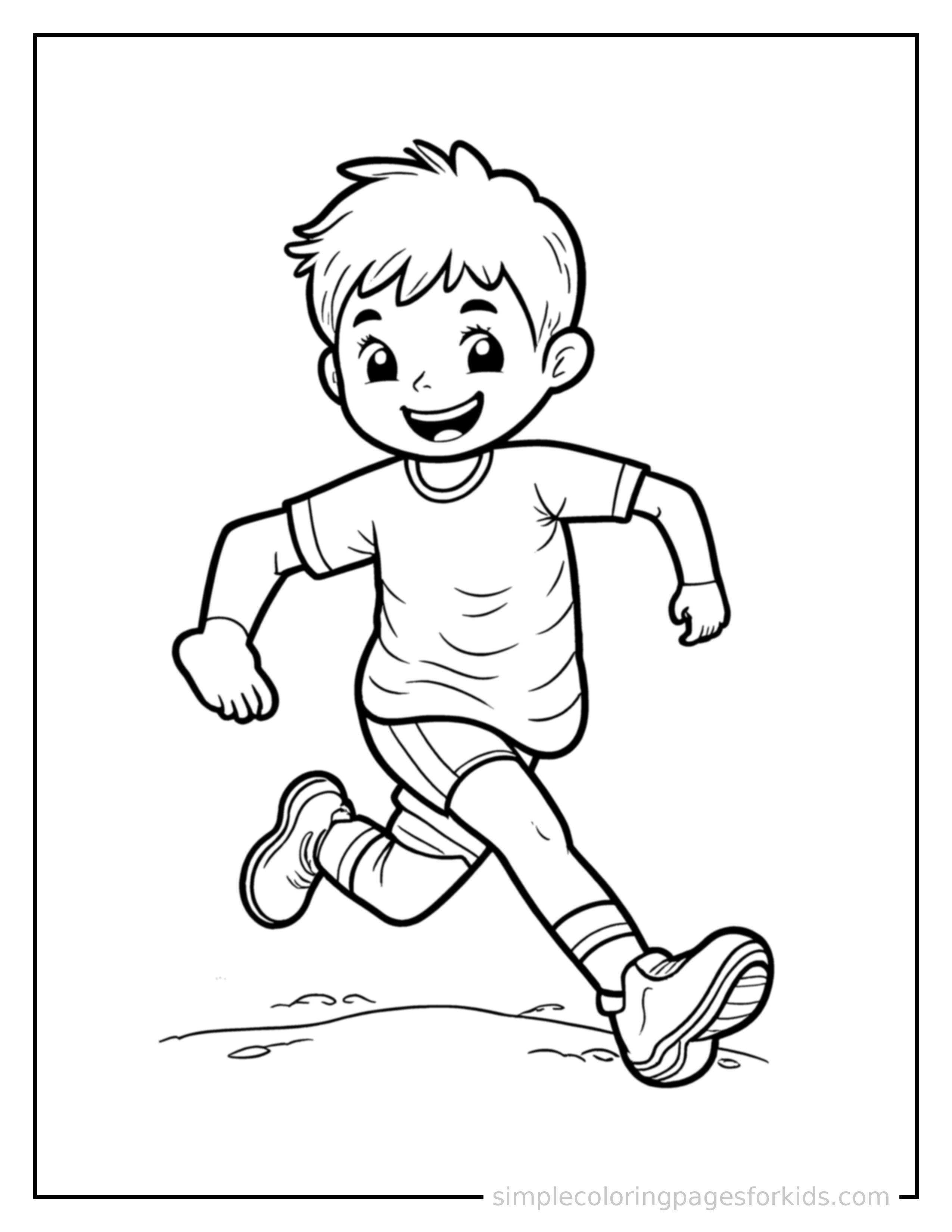 Free printable kid playing rugby coloring page featuring a cute kid playing rugby running forward at full speed, arms pumping, big happy grin.