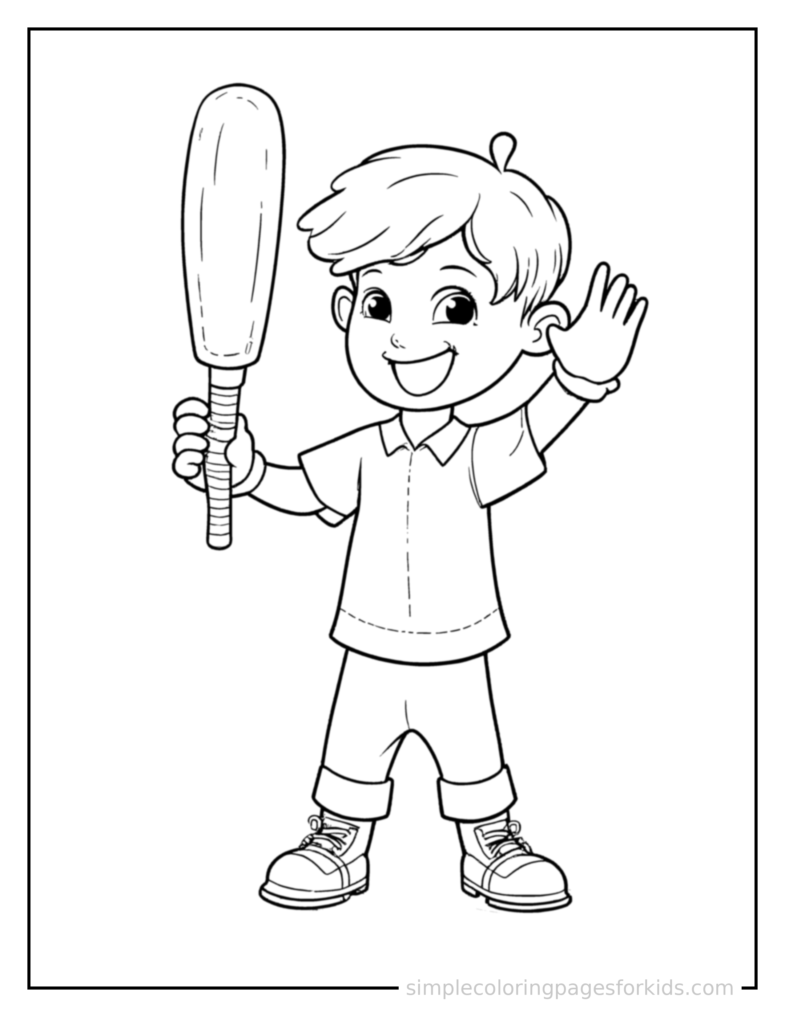 Free printable kid playing cricket coloring page featuring a cute kid playing cricket standing tall with a big cheerful grin, one hand raised in a wave, head tilted slightly.