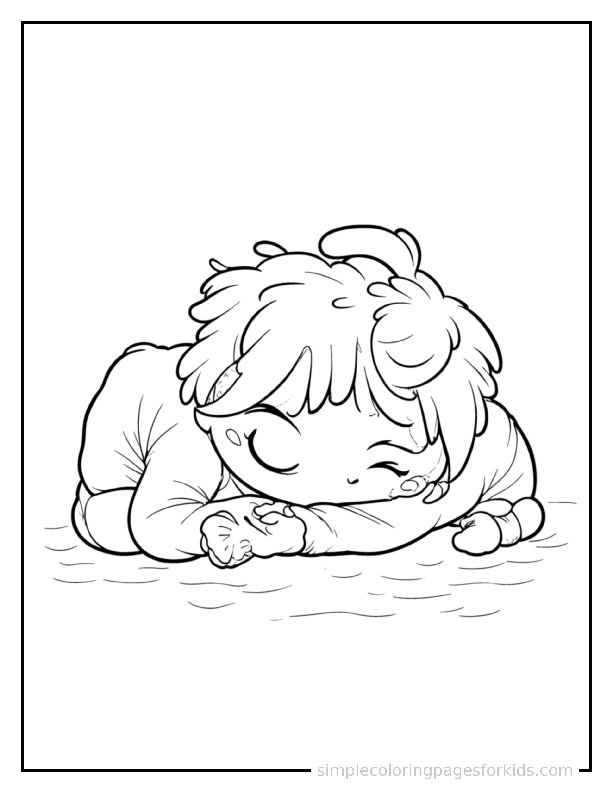 Free printable kid playing cricket coloring page featuring a cute kid playing cricket curled up fast asleep, peaceful smile, one eye scrunched shut, hands tucked under the chin.