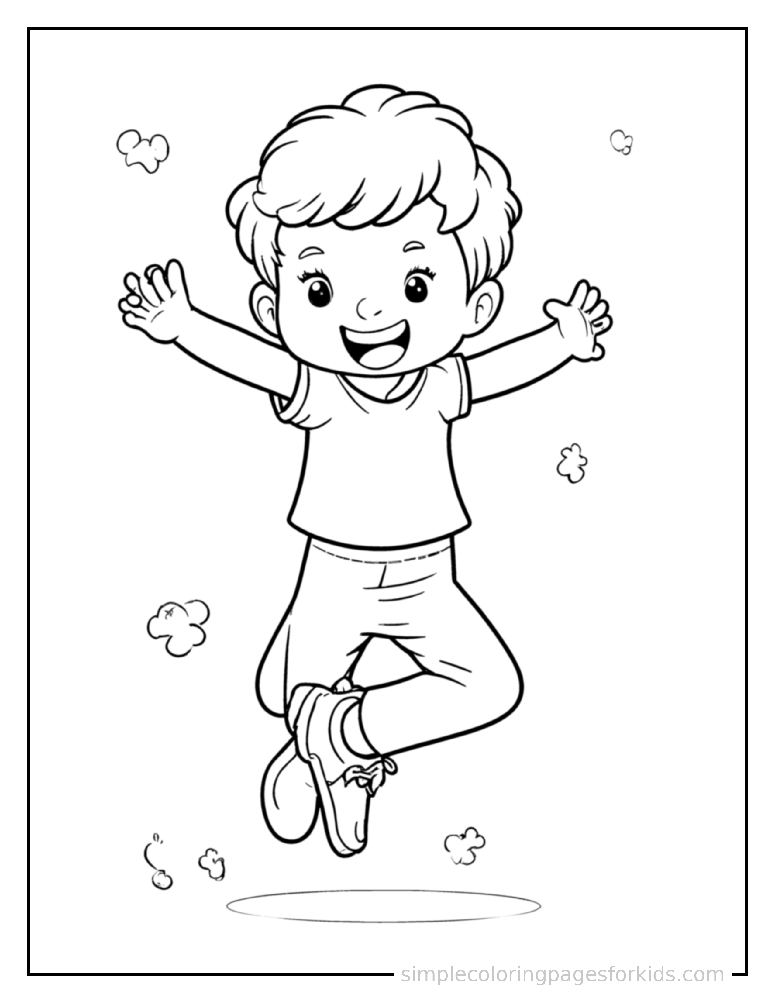 Free printable kid playing cricket coloring page featuring a cute kid playing cricket mid-jump with arms and legs stretched out playfully, mouth open with excitement.