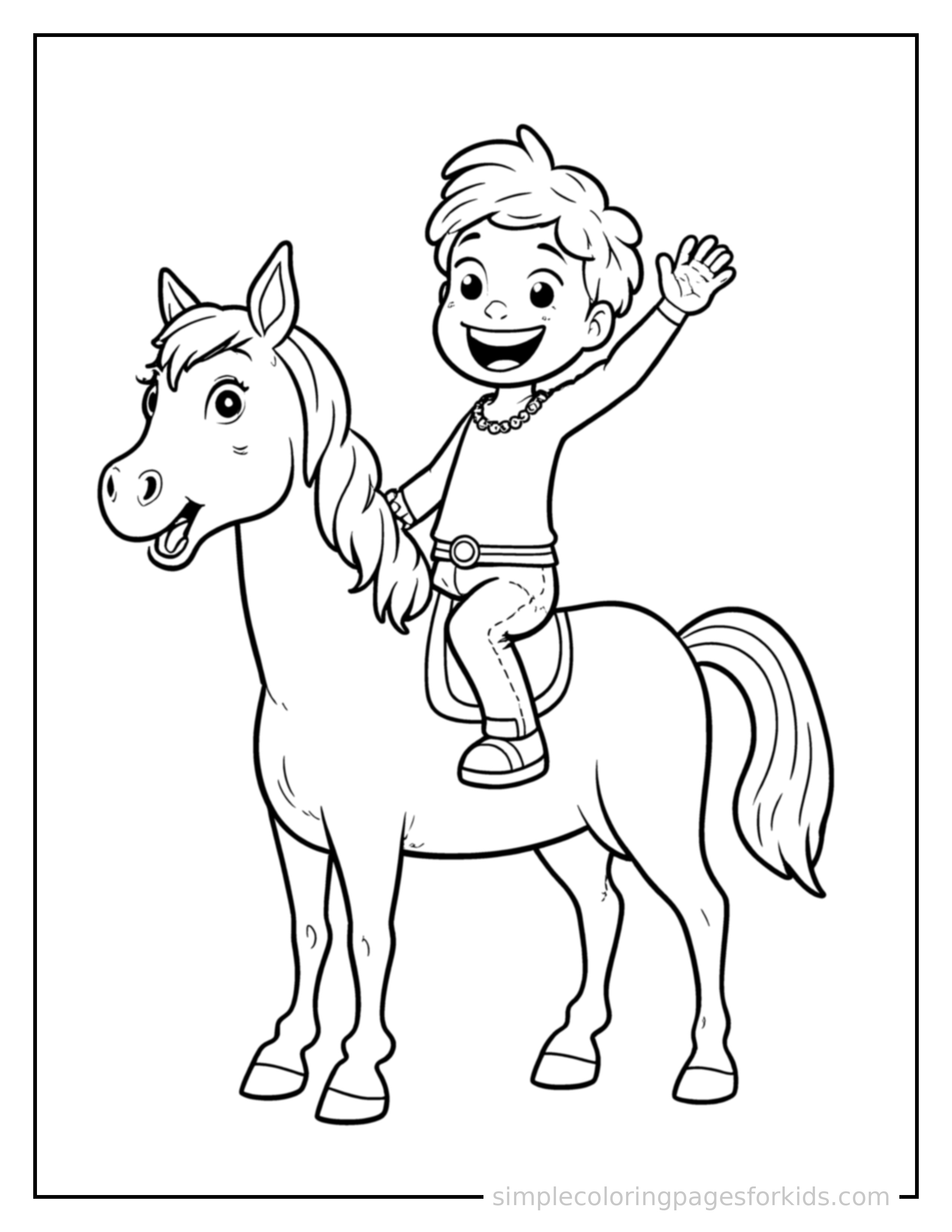 Free printable kid horseback riding coloring page featuring a cute kid horseback riding standing tall with a big cheerful grin, one hand raised in a wave, head tilted slightly.