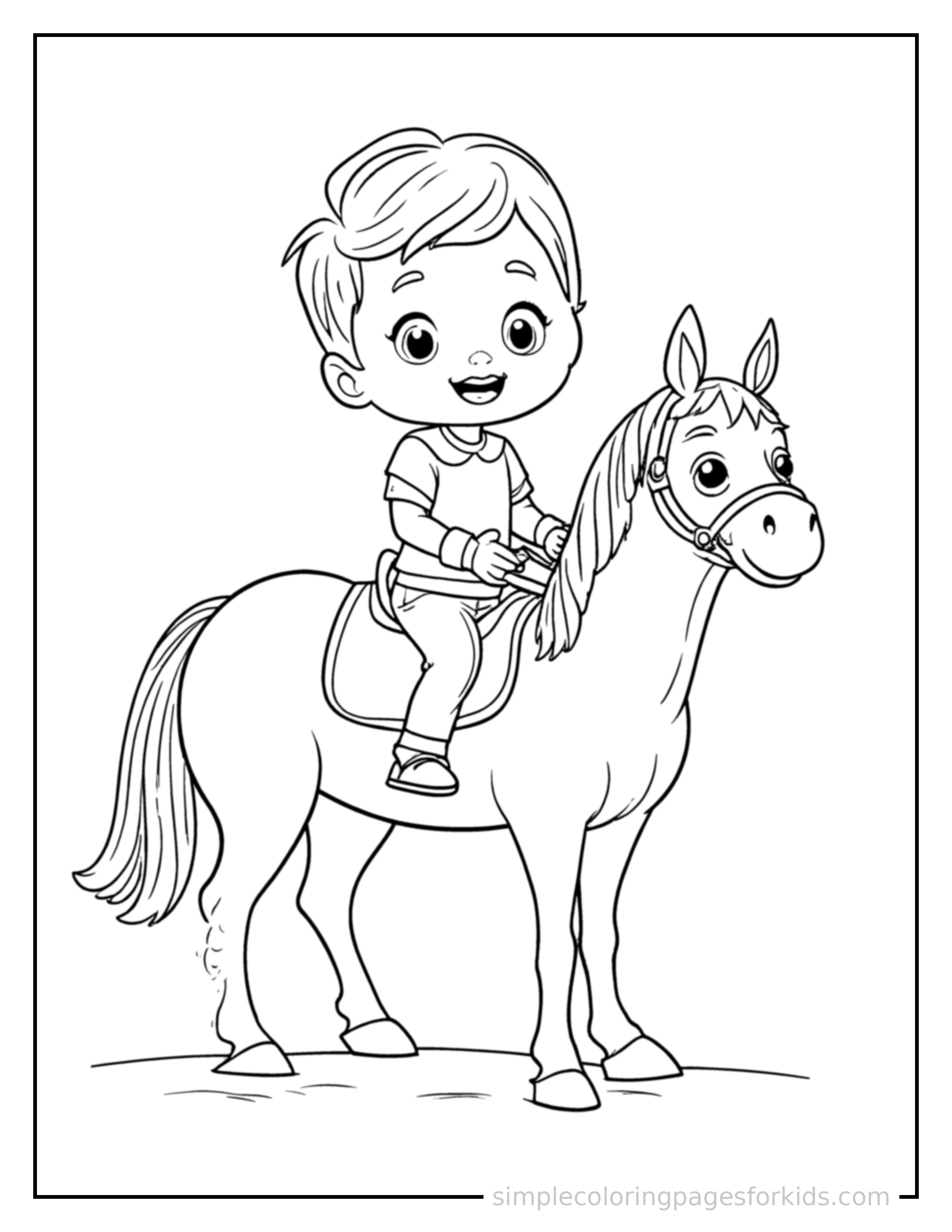 Free printable kid horseback riding coloring page featuring a cute kid horseback riding standing proudly with hands on hips, chest out, big sparkling happy eyes and open smile.