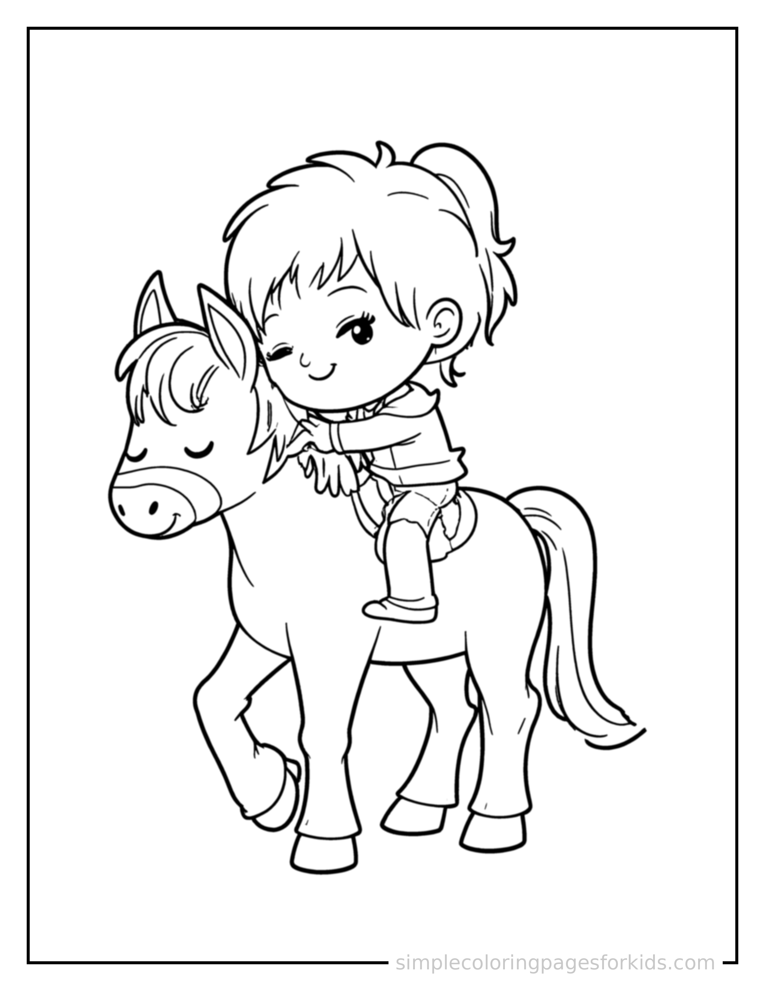 Free printable kid horseback riding coloring page featuring a cute kid horseback riding curled up fast asleep, peaceful smile, one eye scrunched shut, hands tucked under the chin.