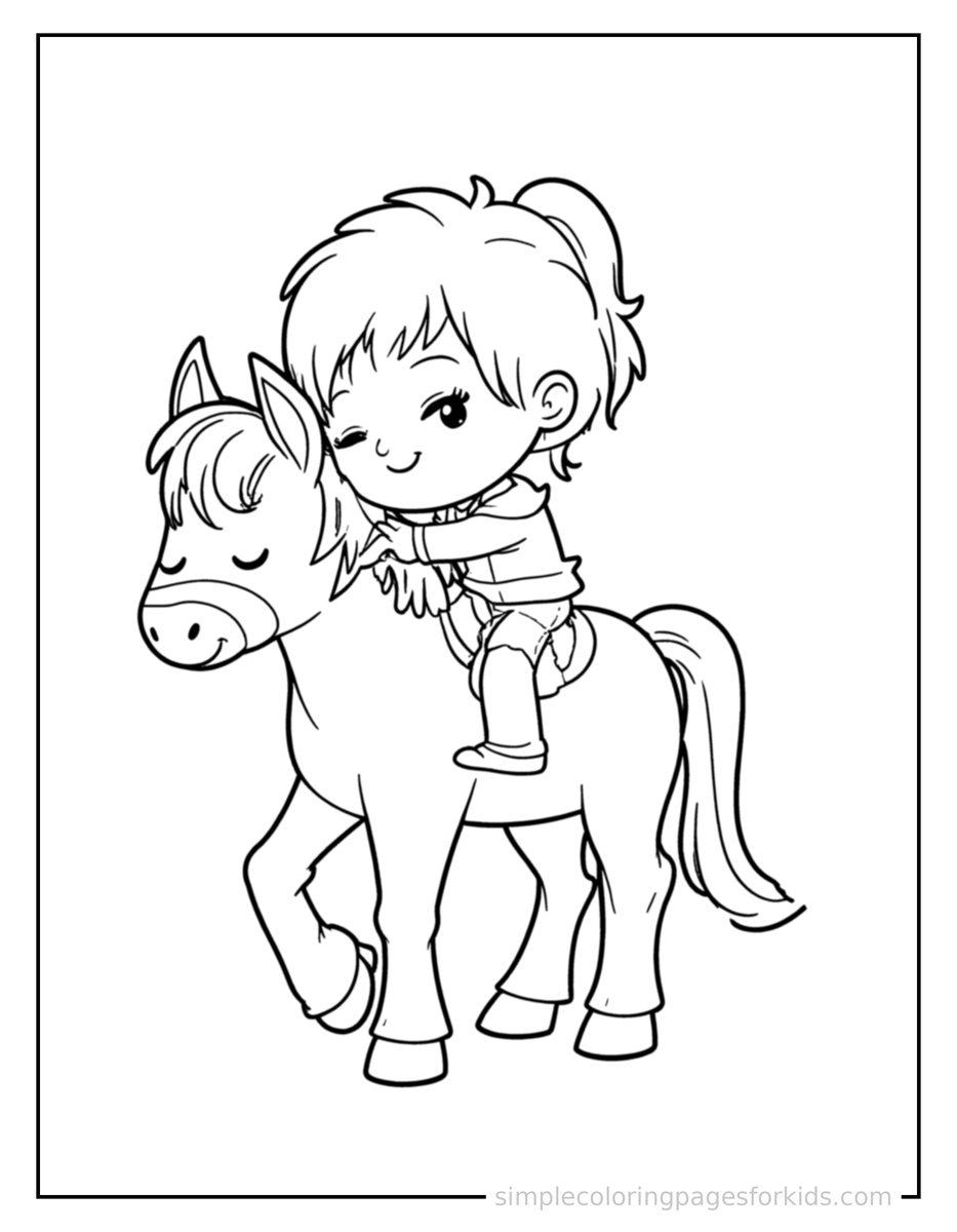 Sleepy Kid Horseback Riding Coloring Page