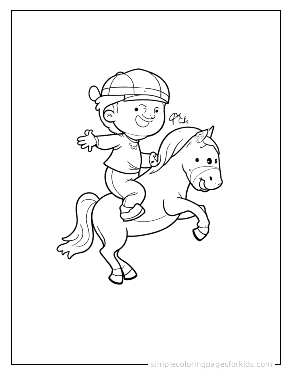 Jumping Kid Horseback Riding Coloring Page