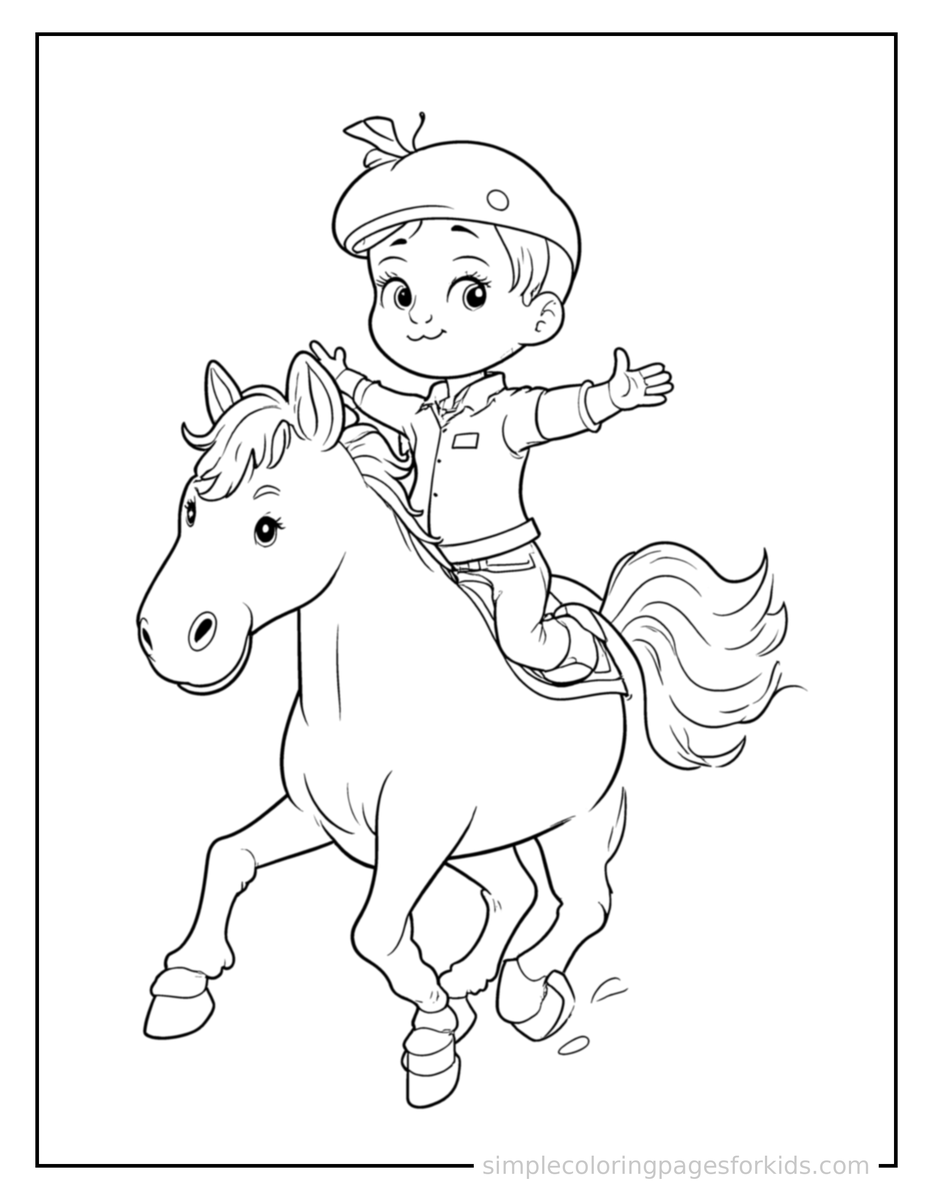 Running Kid Horseback Riding Coloring Page