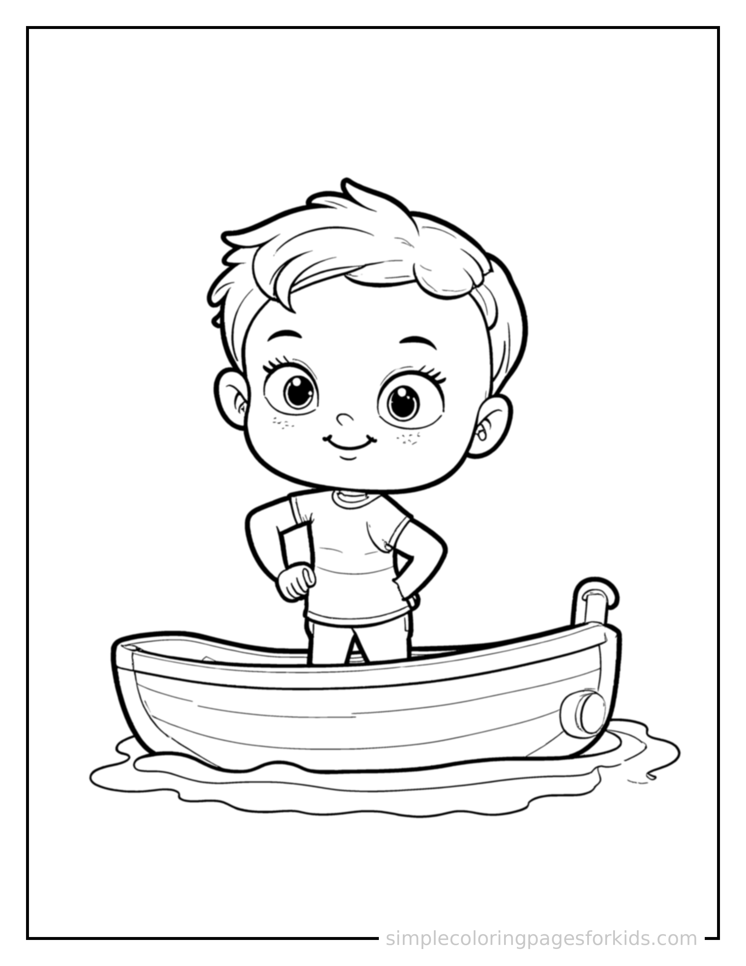 Free printable kid sailing a small boat coloring page featuring a cute kid sailing a small boat standing proudly with hands on hips, chest out, big sparkling happy eyes and open smile.