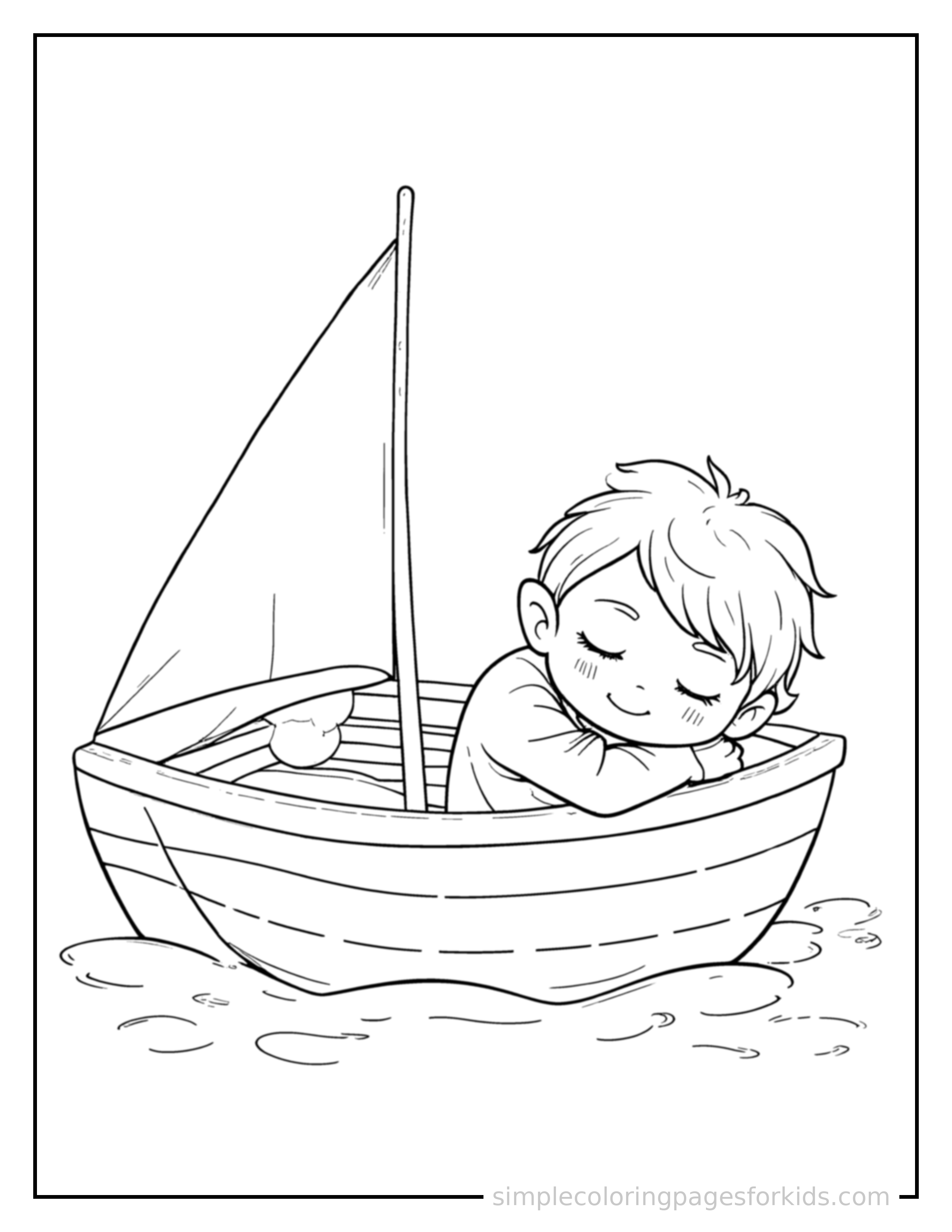 Free printable kid sailing a small boat coloring page featuring a cute kid sailing a small boat curled up fast asleep, peaceful smile, one eye scrunched shut, hands tucked under the chin.
