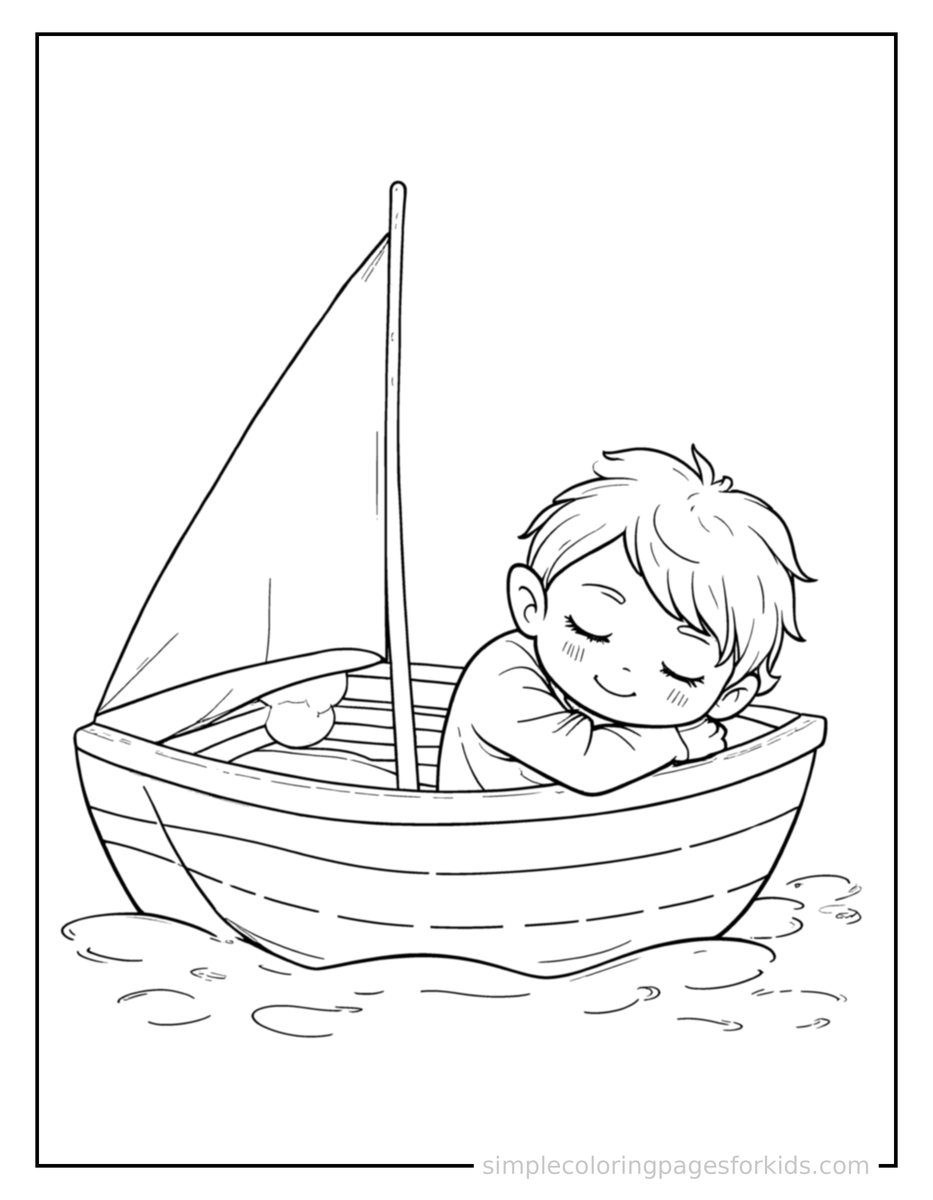 Sleepy Kid Sailing A Small Boat Coloring Page