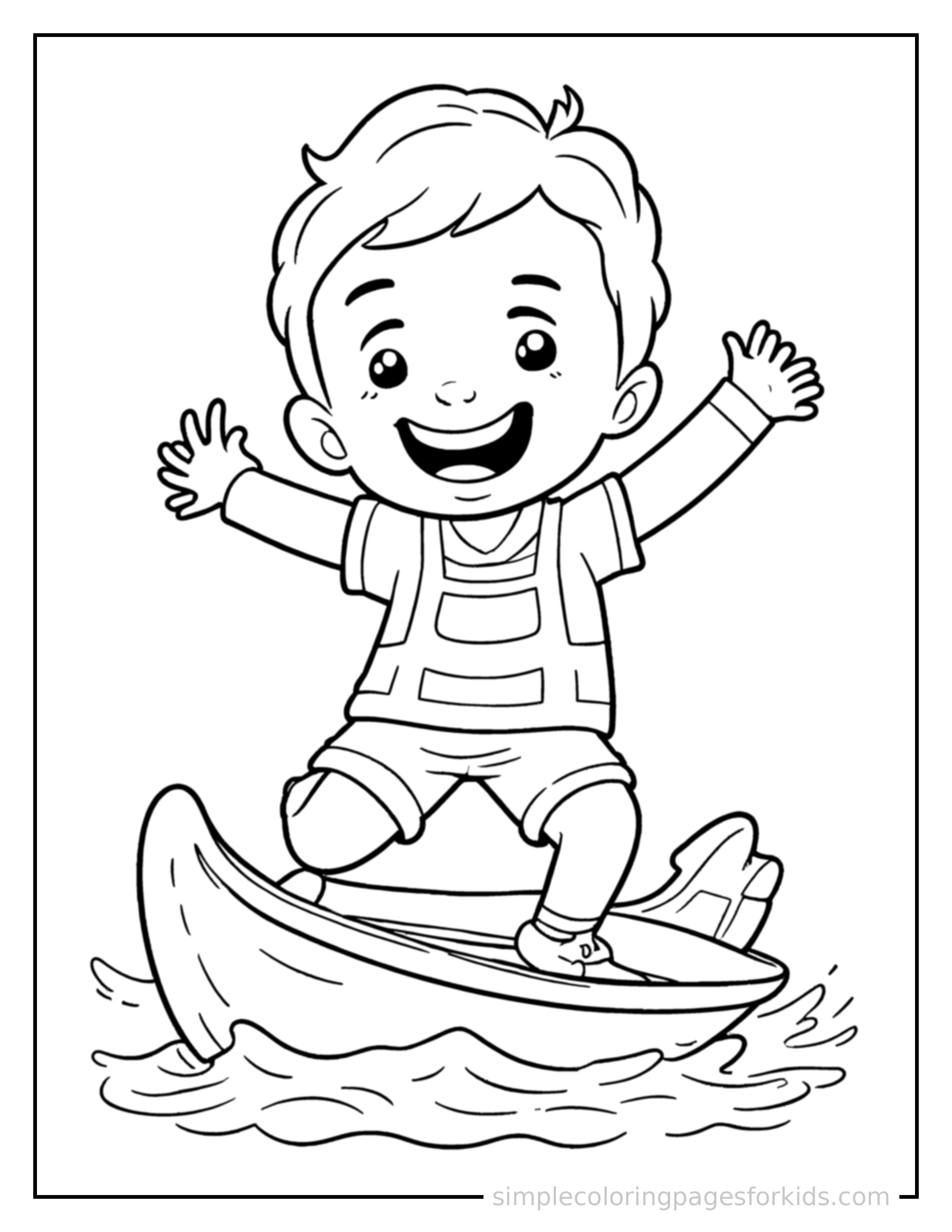 Free printable kid sailing a small boat coloring page featuring a cute kid sailing a small boat mid-jump with arms and legs stretched out playfully, mouth open with excitement.
