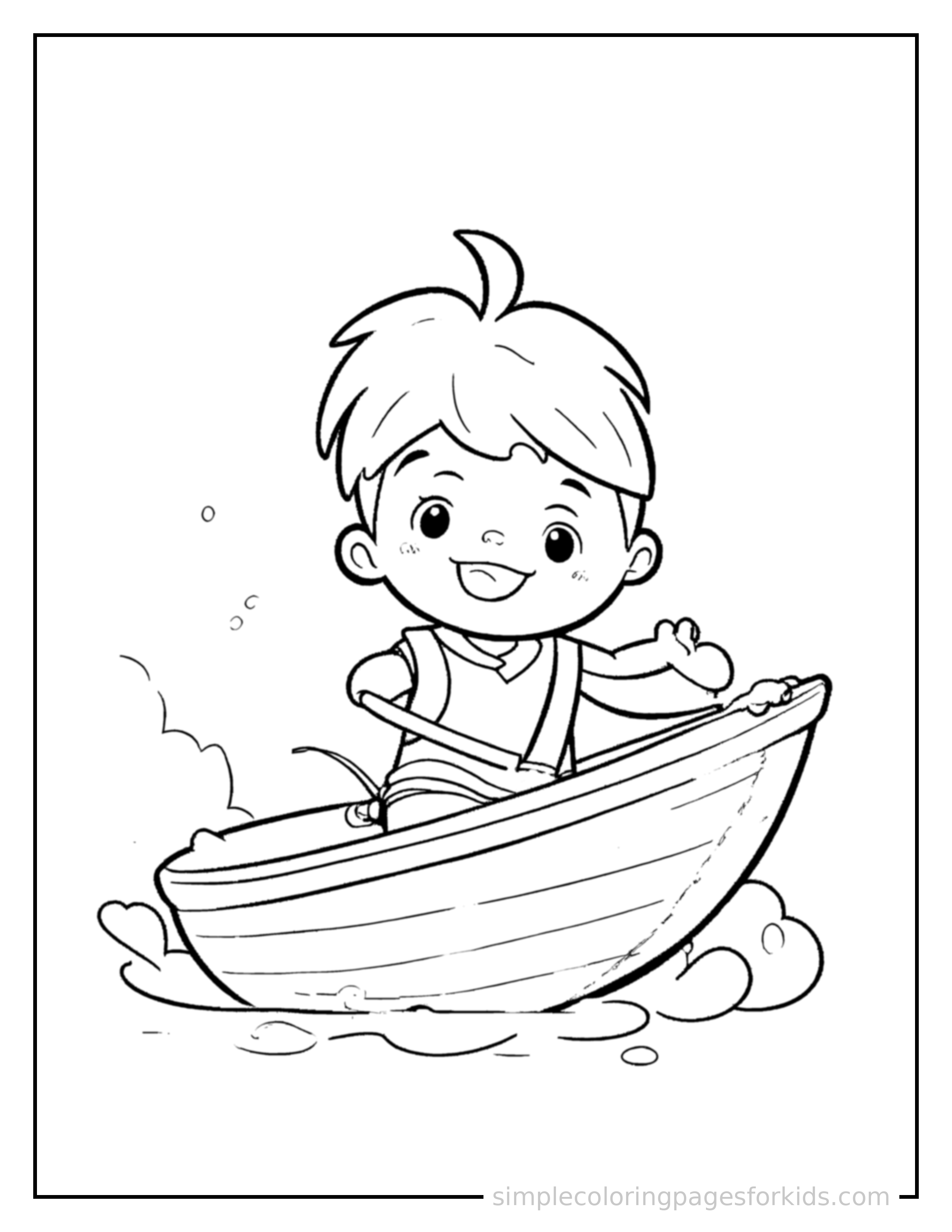 Free printable kid sailing a small boat coloring page featuring a cute kid sailing a small boat running forward at full speed, arms pumping, big happy grin.