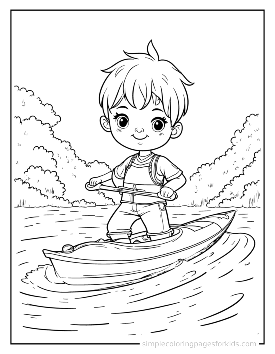 Proud Kid Kayaking On A River Coloring Page